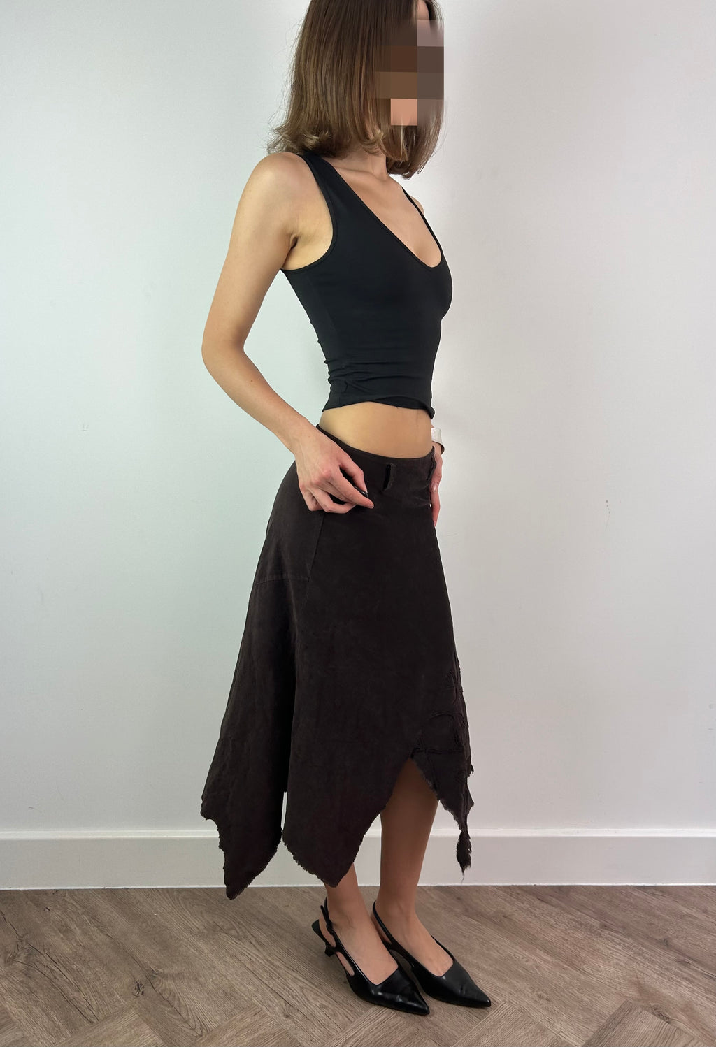 Brown Asymmetric Corduroy Midi Skirt with Floral Pattern