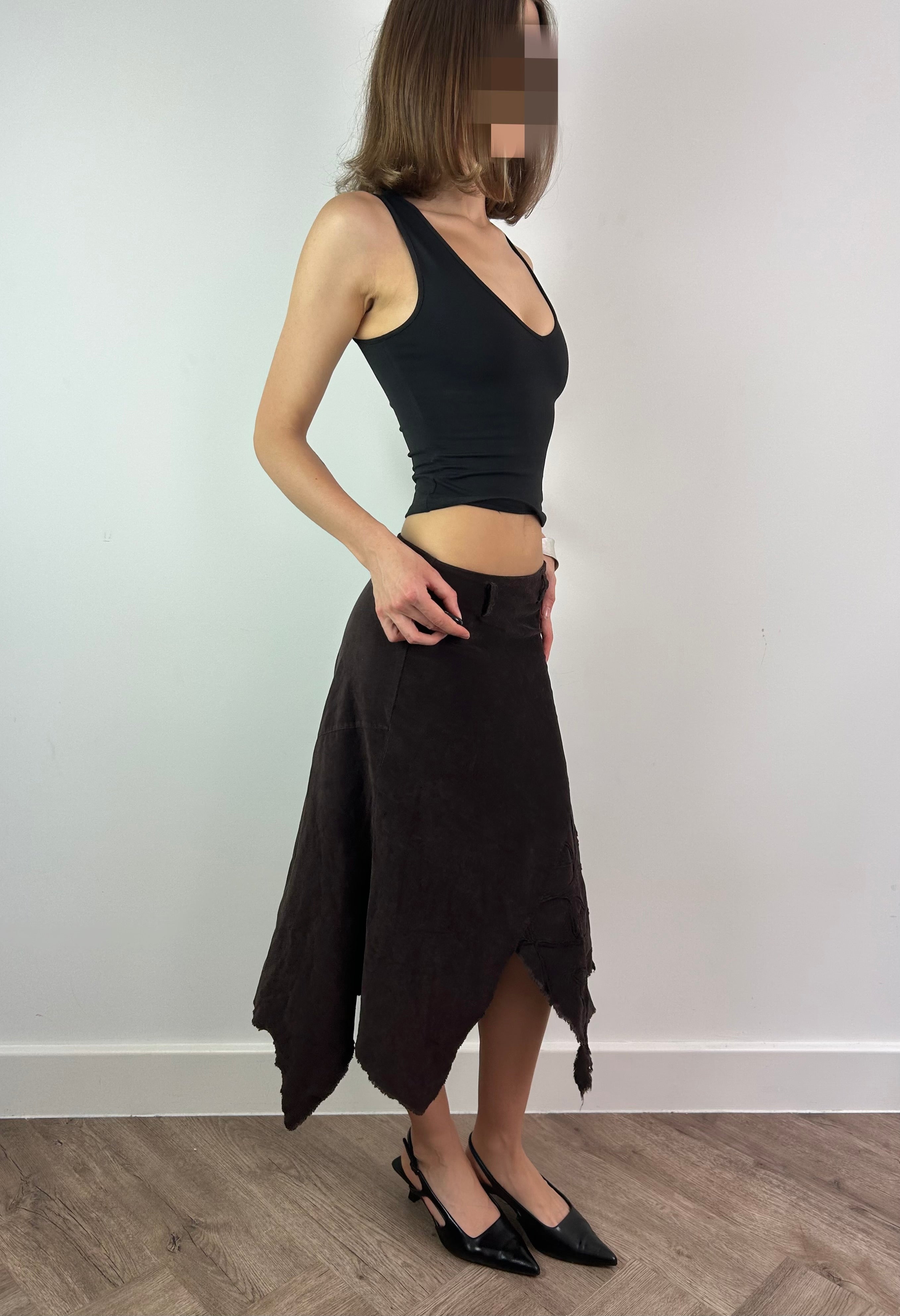 Brown Asymmetric Corduroy Midi Skirt with Floral Pattern