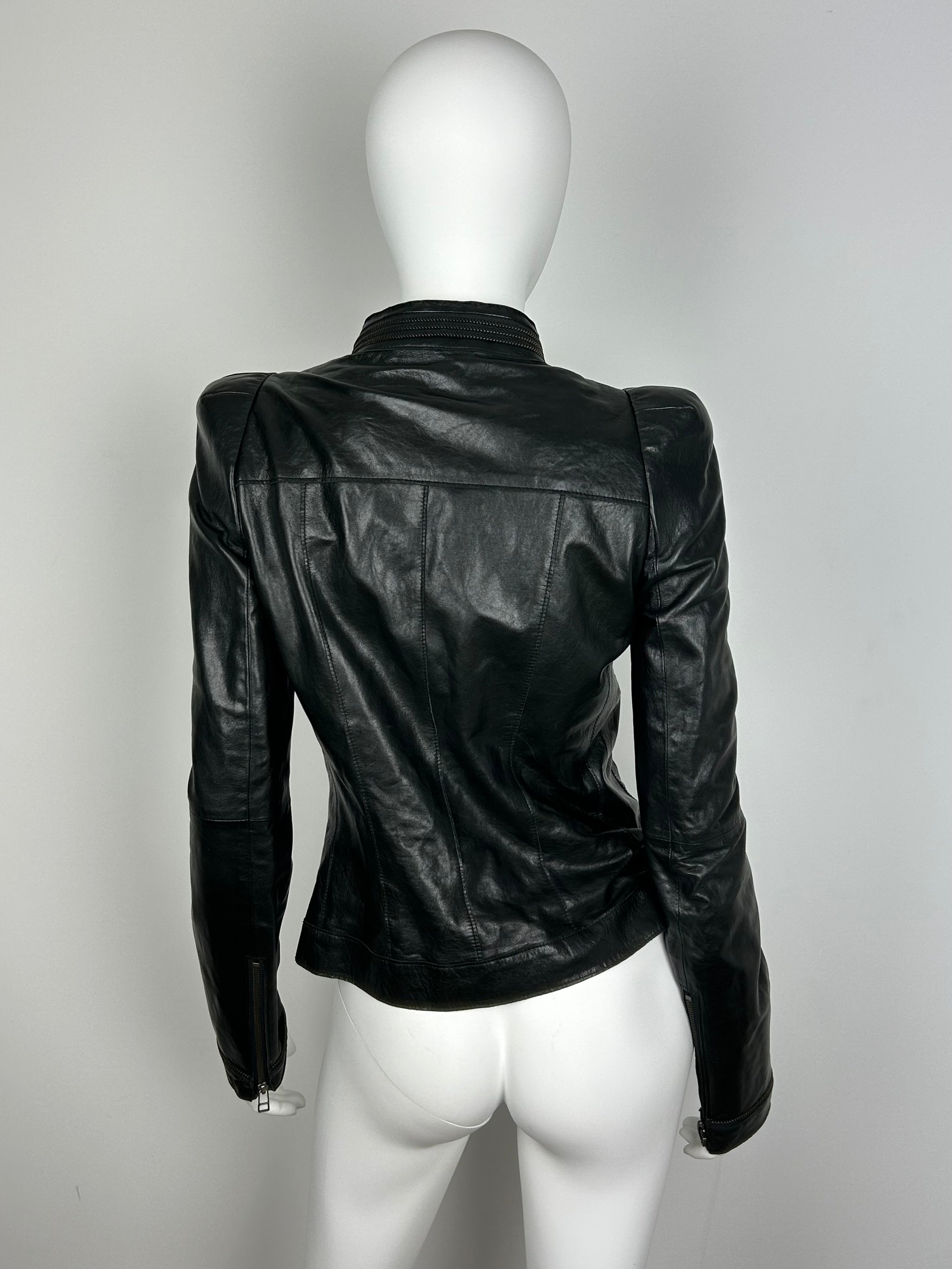 Real Leather Fitted Jacket with Decorative Zippers