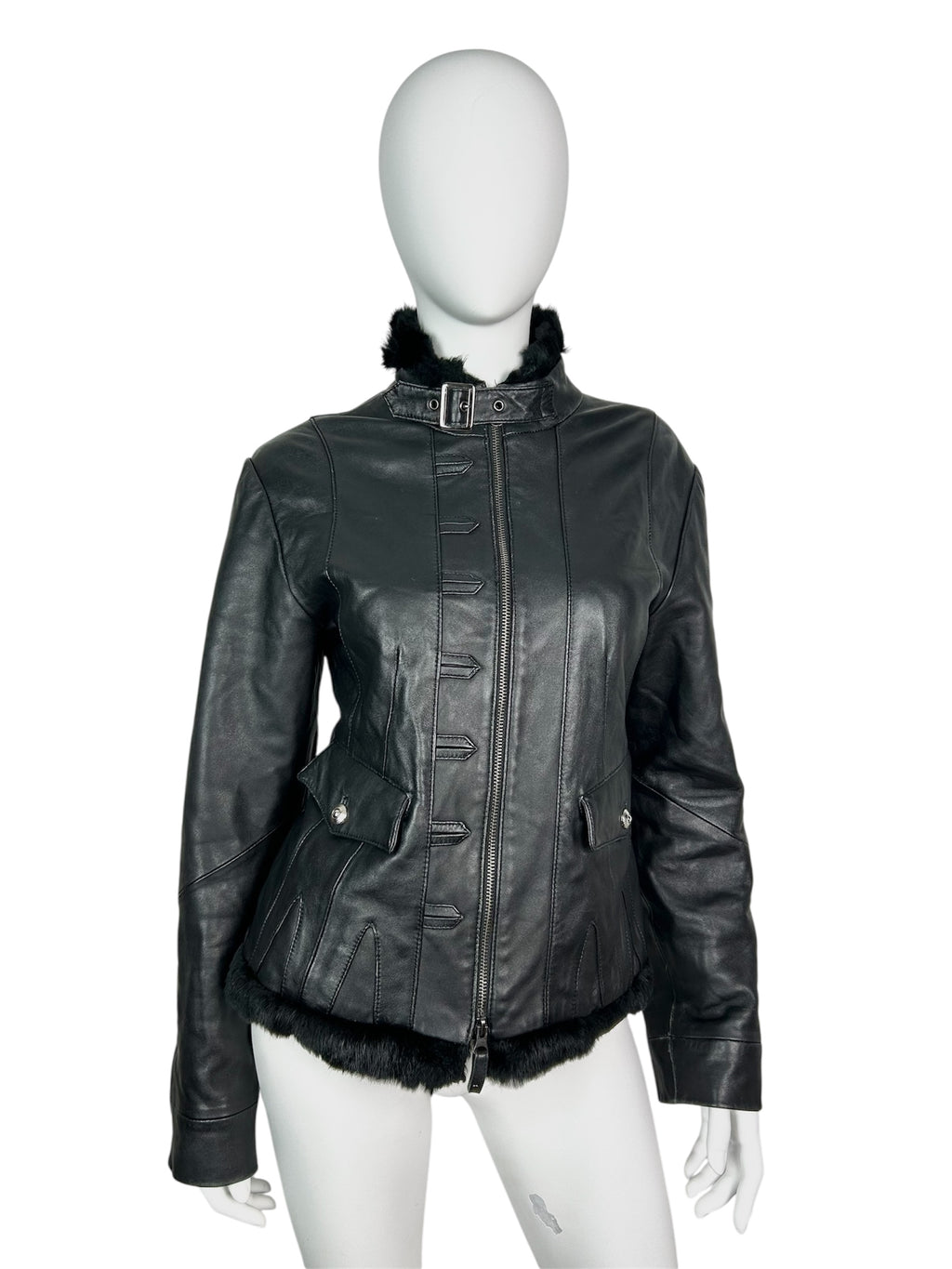 Black Real Leather Biker Jacket with Real Fur Details