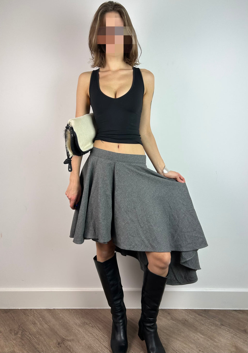 Grey Wool Asymmetrical MIDI Skirt