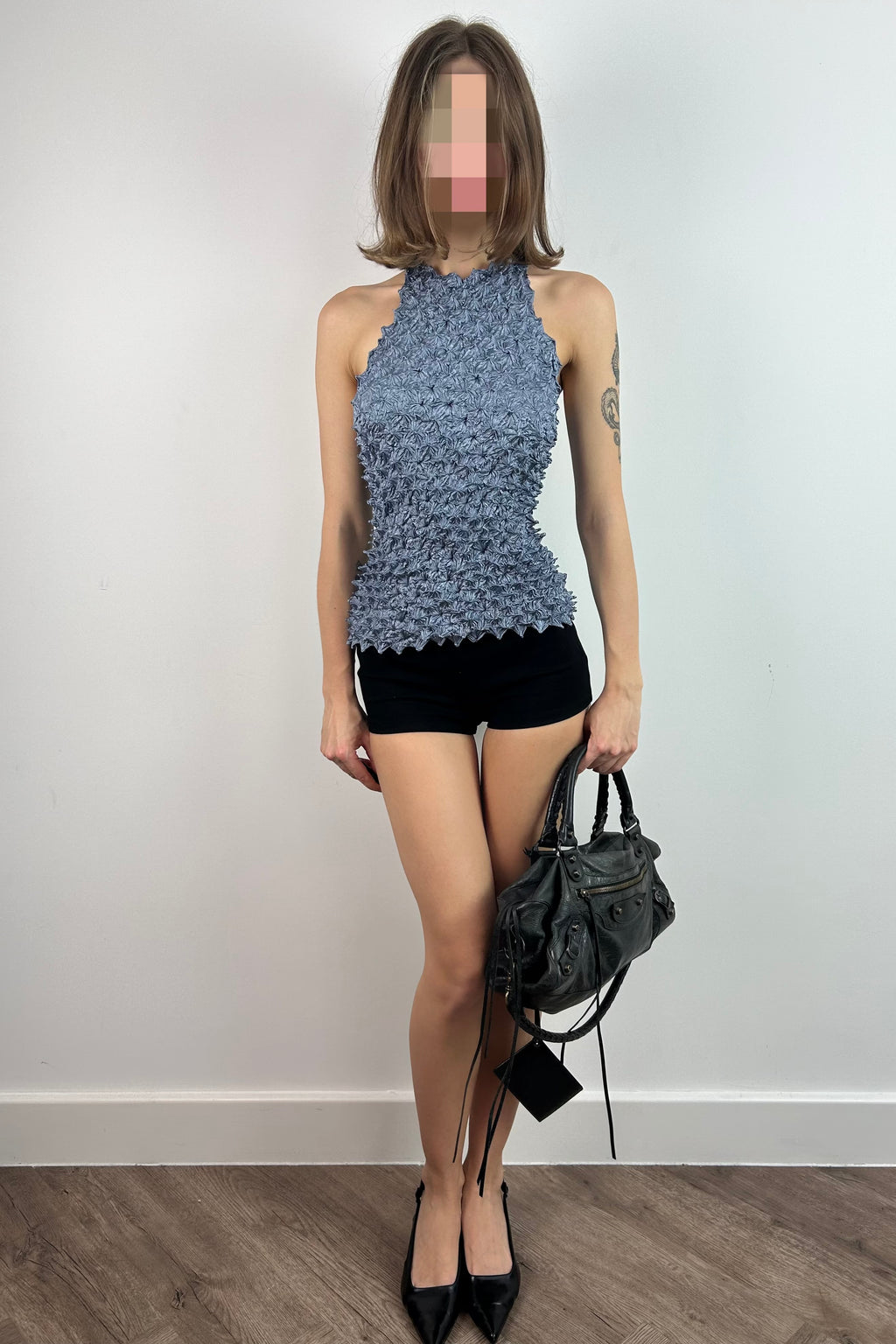 Blue Popcorn Fabric Halter Neck Top