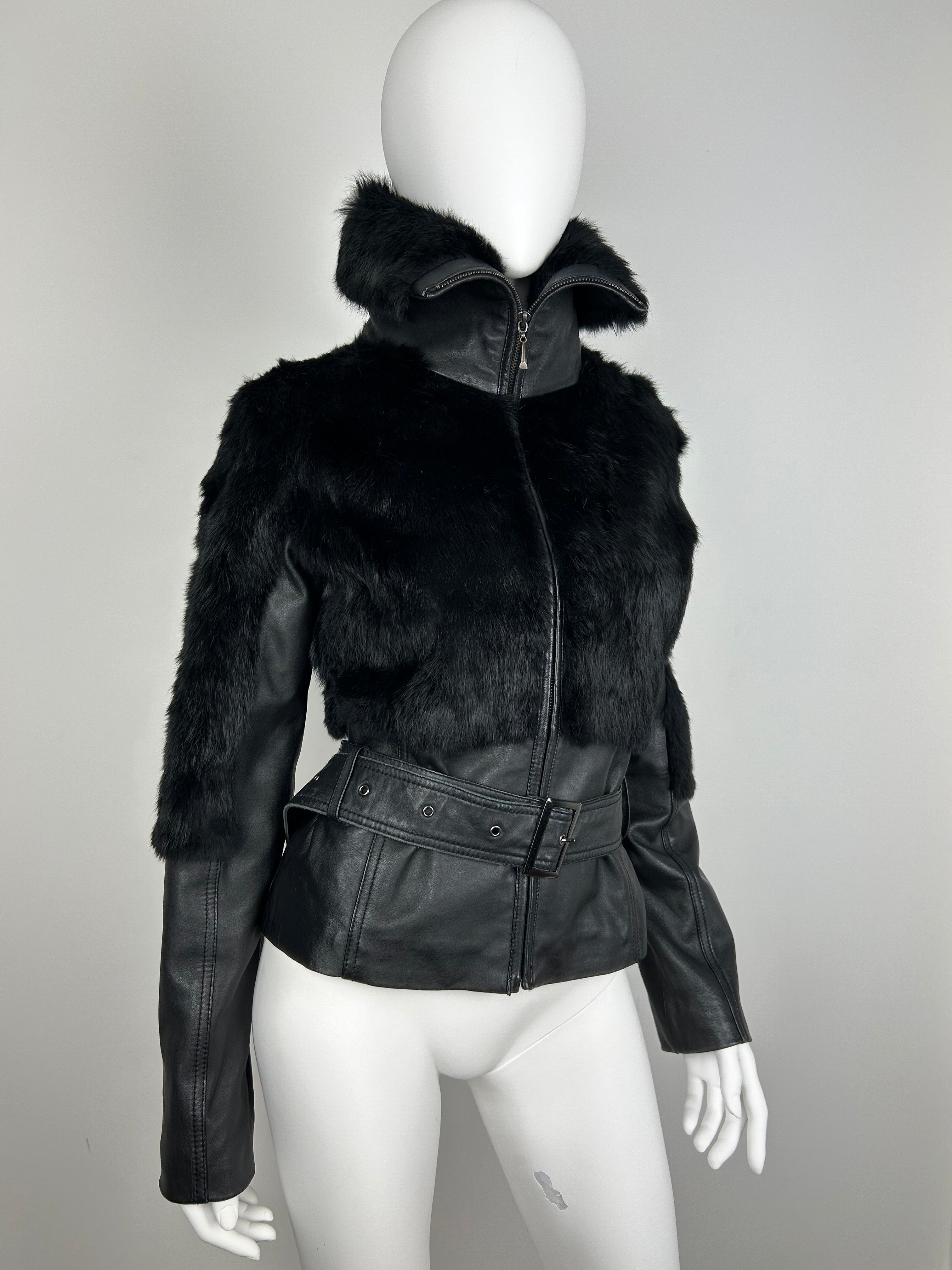 Real Leather Turtleneck Jacket with Belt and Real Fur Details