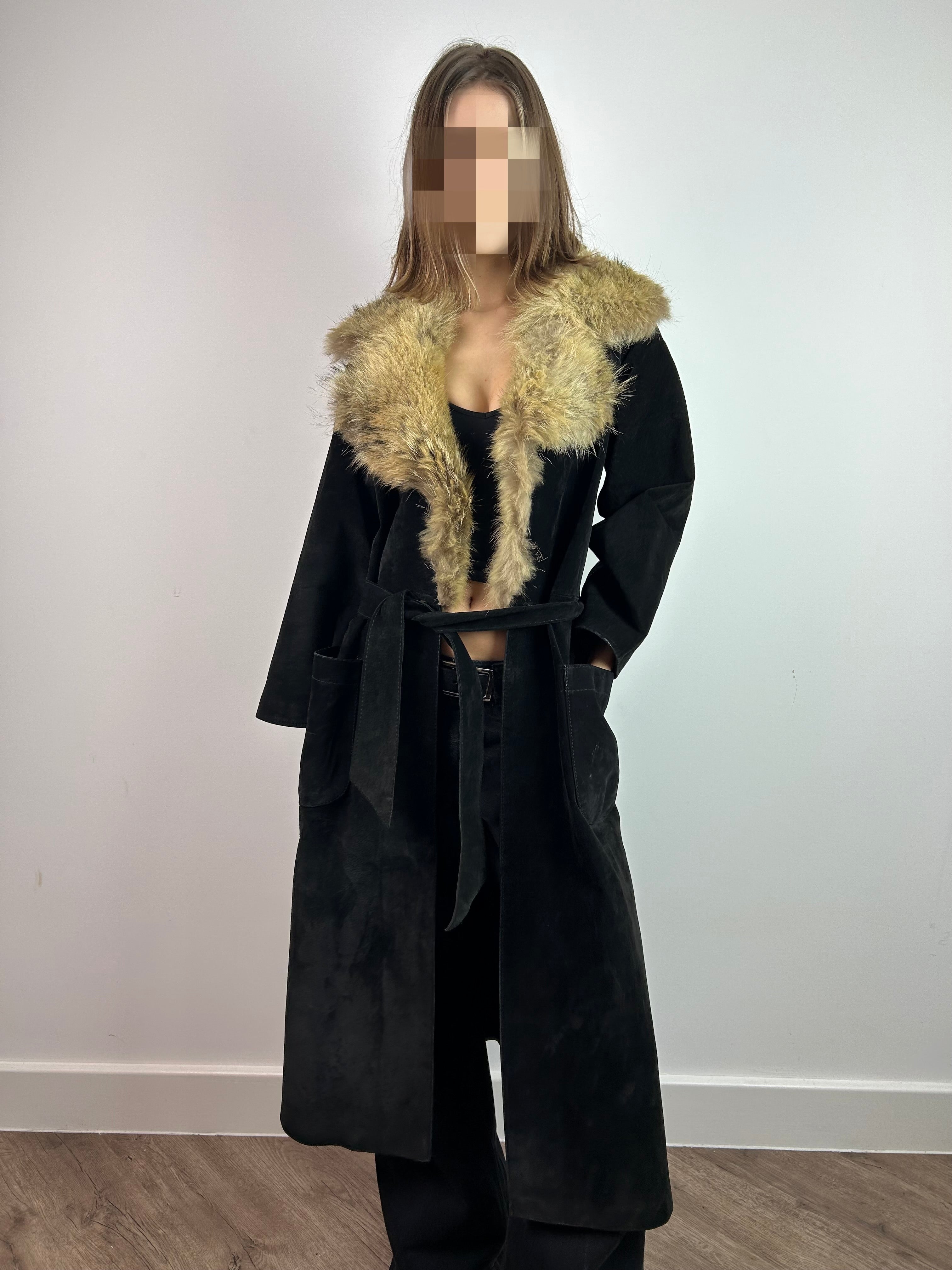 Black Real Leather Suede Maxi Coat