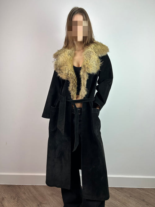 Black Real Leather Suede Maxi Coat