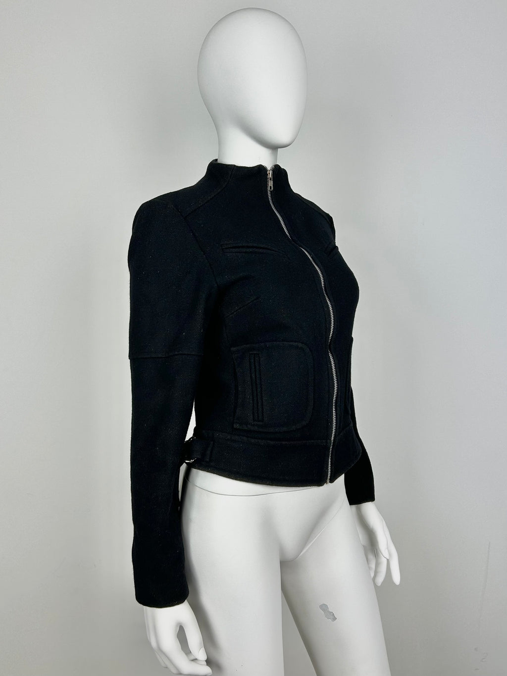 Wool Blend Biker Jacket with Straight Collar