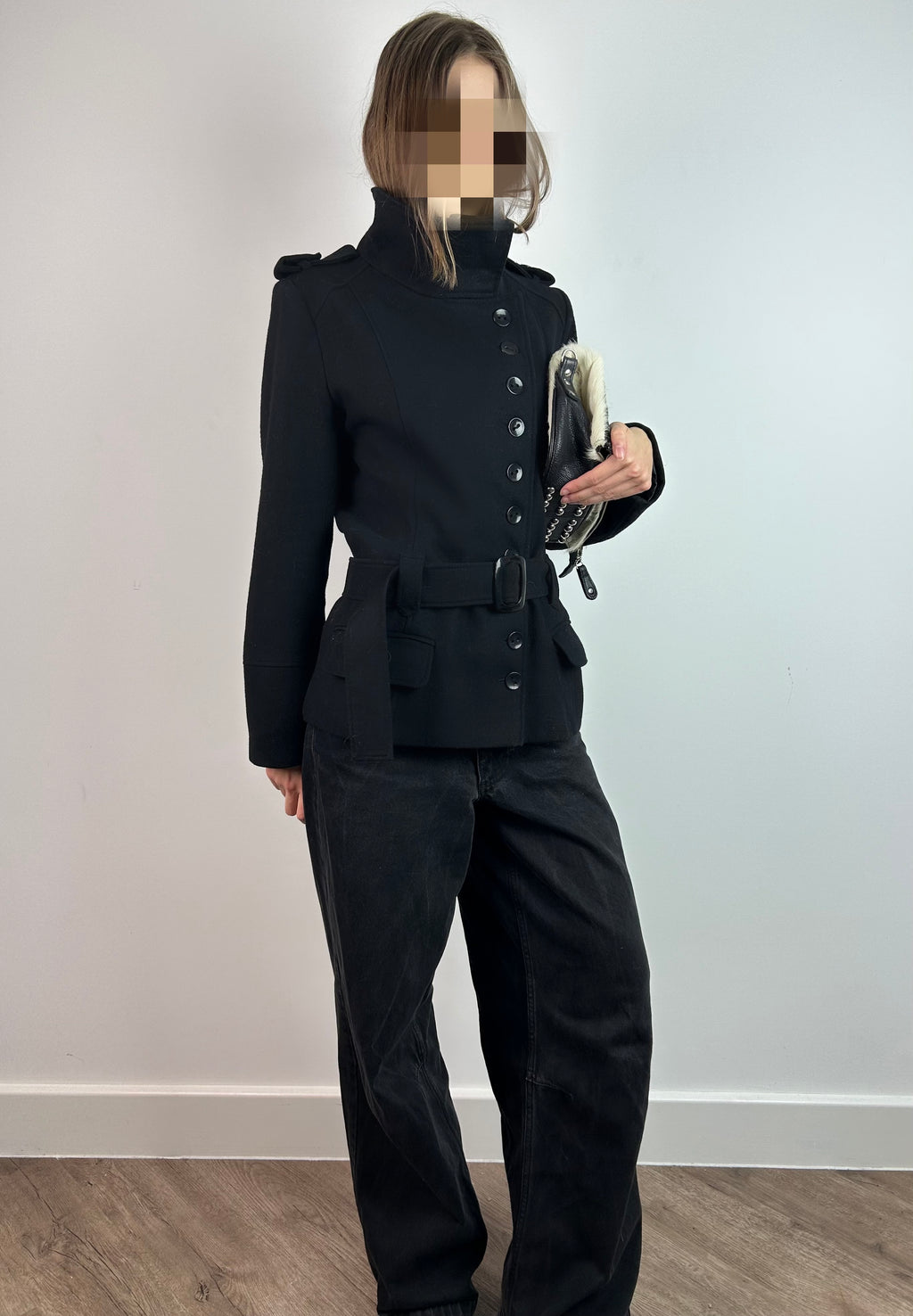 Black Wool Asymmetric Military Coat