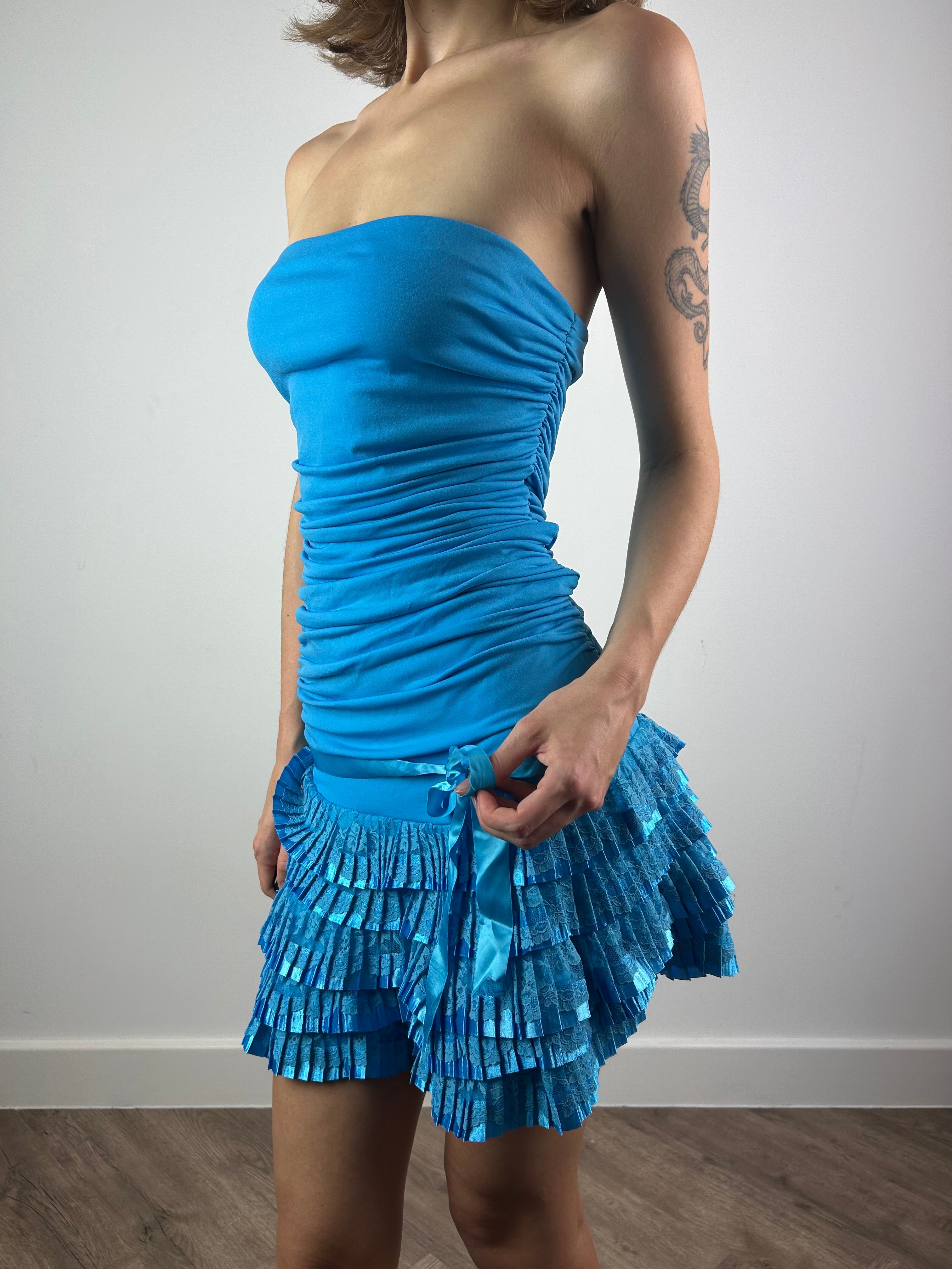 Blue Tube Drop Waist Mini Dress