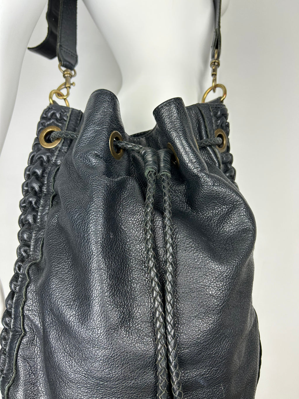 Real Leather Structured Drawstring Bag