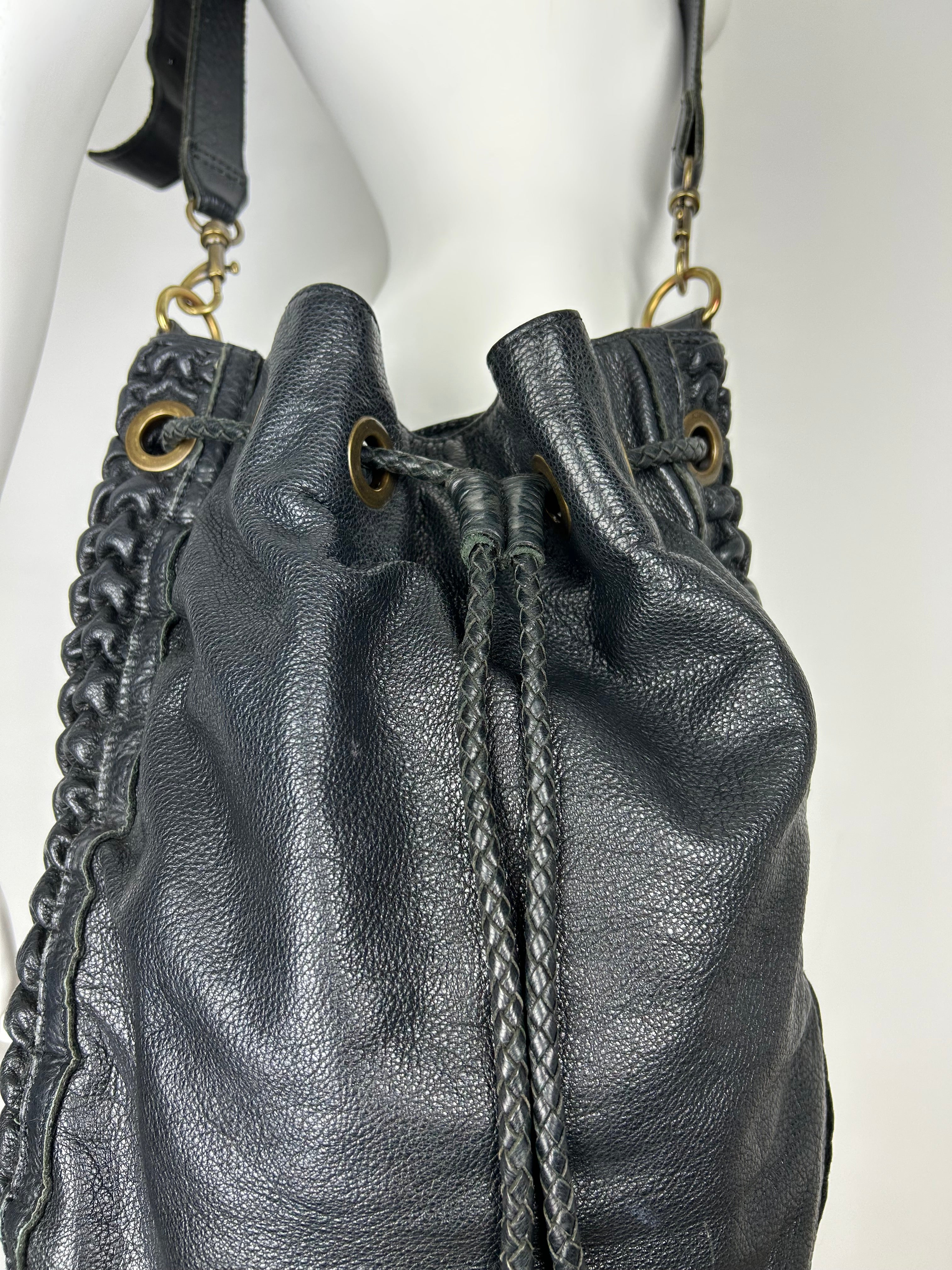 Real Leather Structured Drawstring Bag