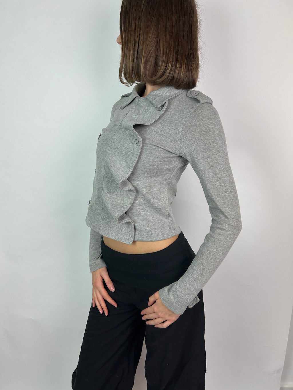 Grey Double Breasted Jacket with Asymmetrical Ruffles