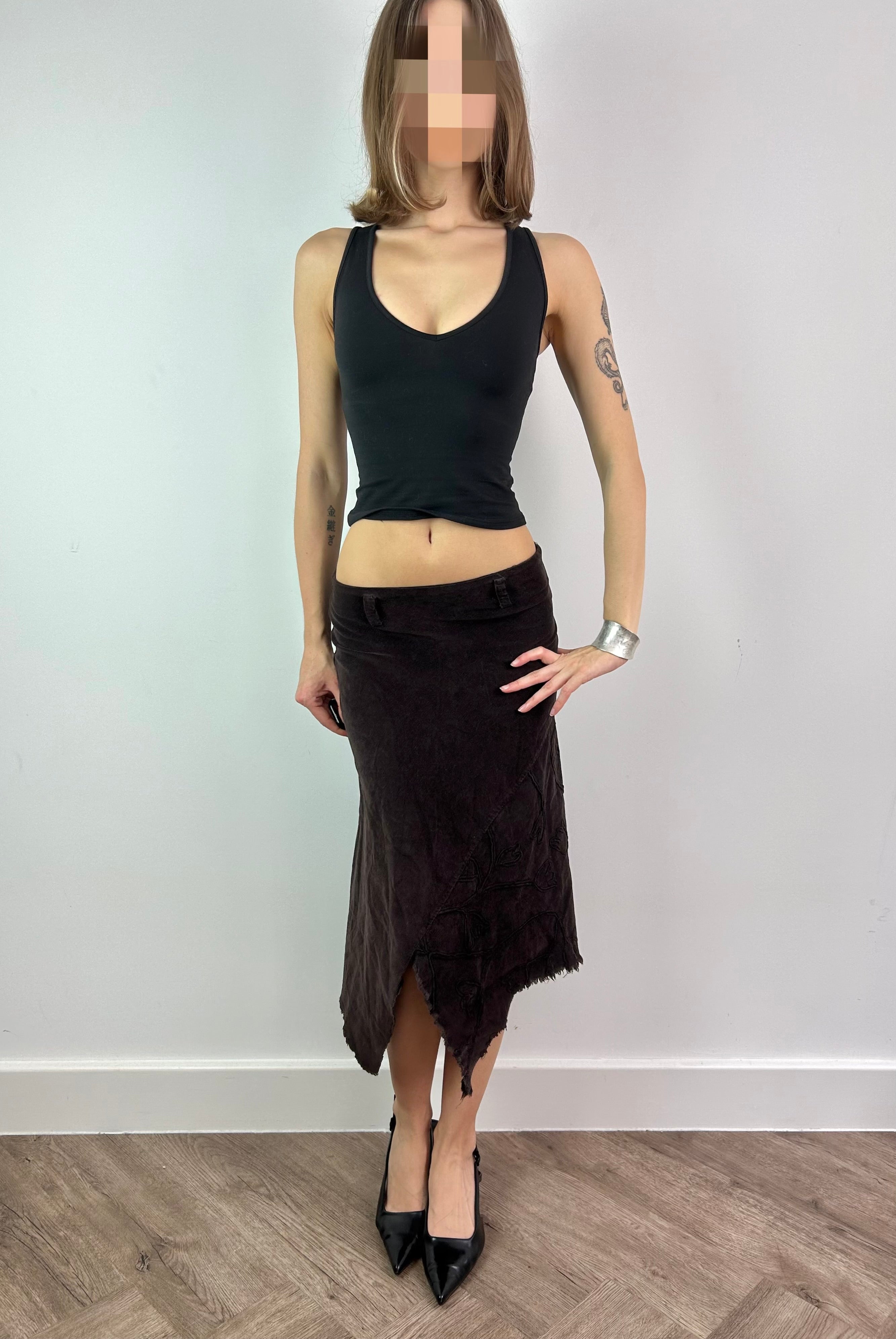 Brown Asymmetric Corduroy Midi Skirt with Floral Pattern