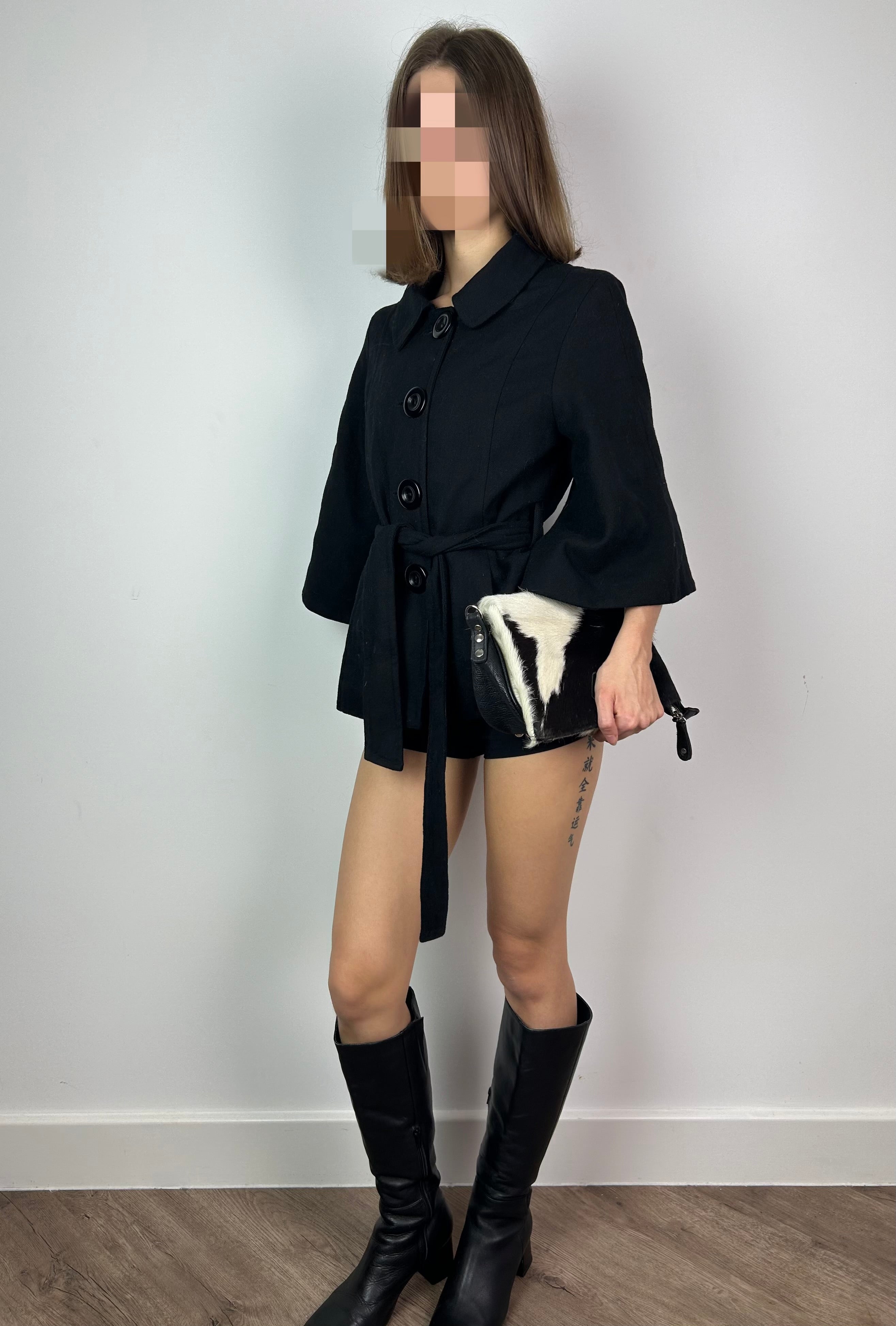 Black 3/4 Sleeve Wool Coat