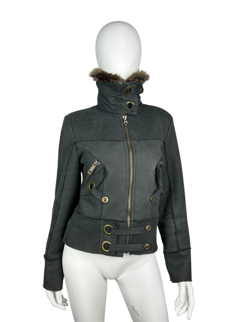 Faux Fur Fleece Bomber Jacket with Metal Details