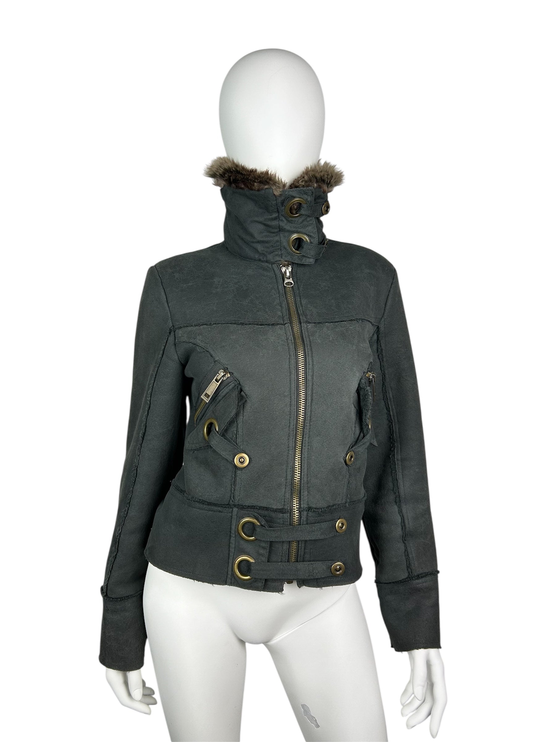 Faux Fur Fleece Bomber Jacket with Metal Details