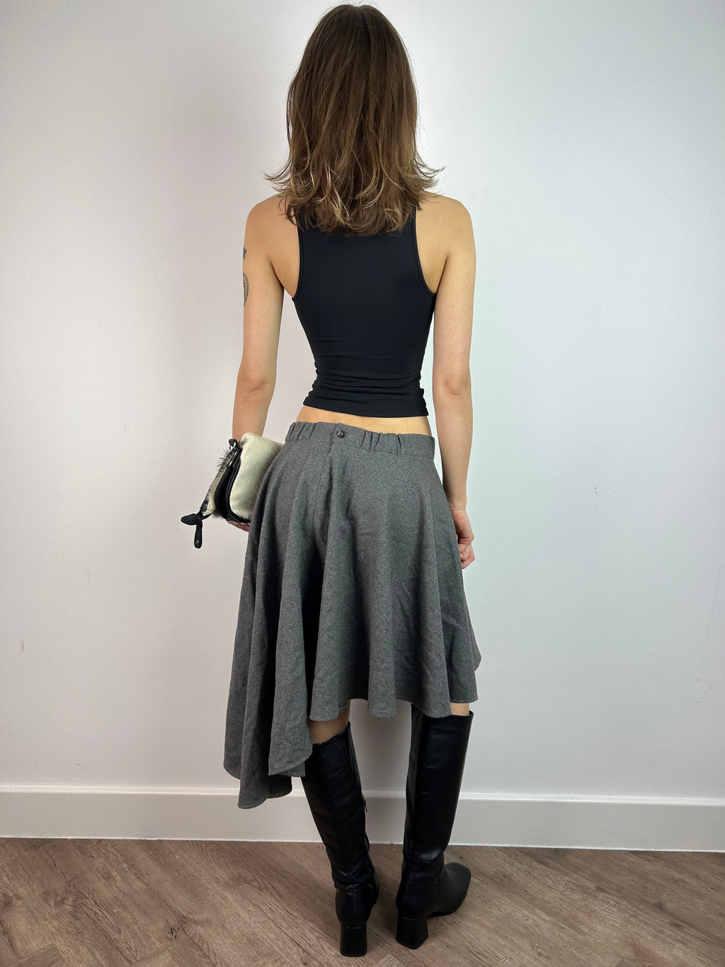 Grey Wool Asymmetrical MIDI Skirt