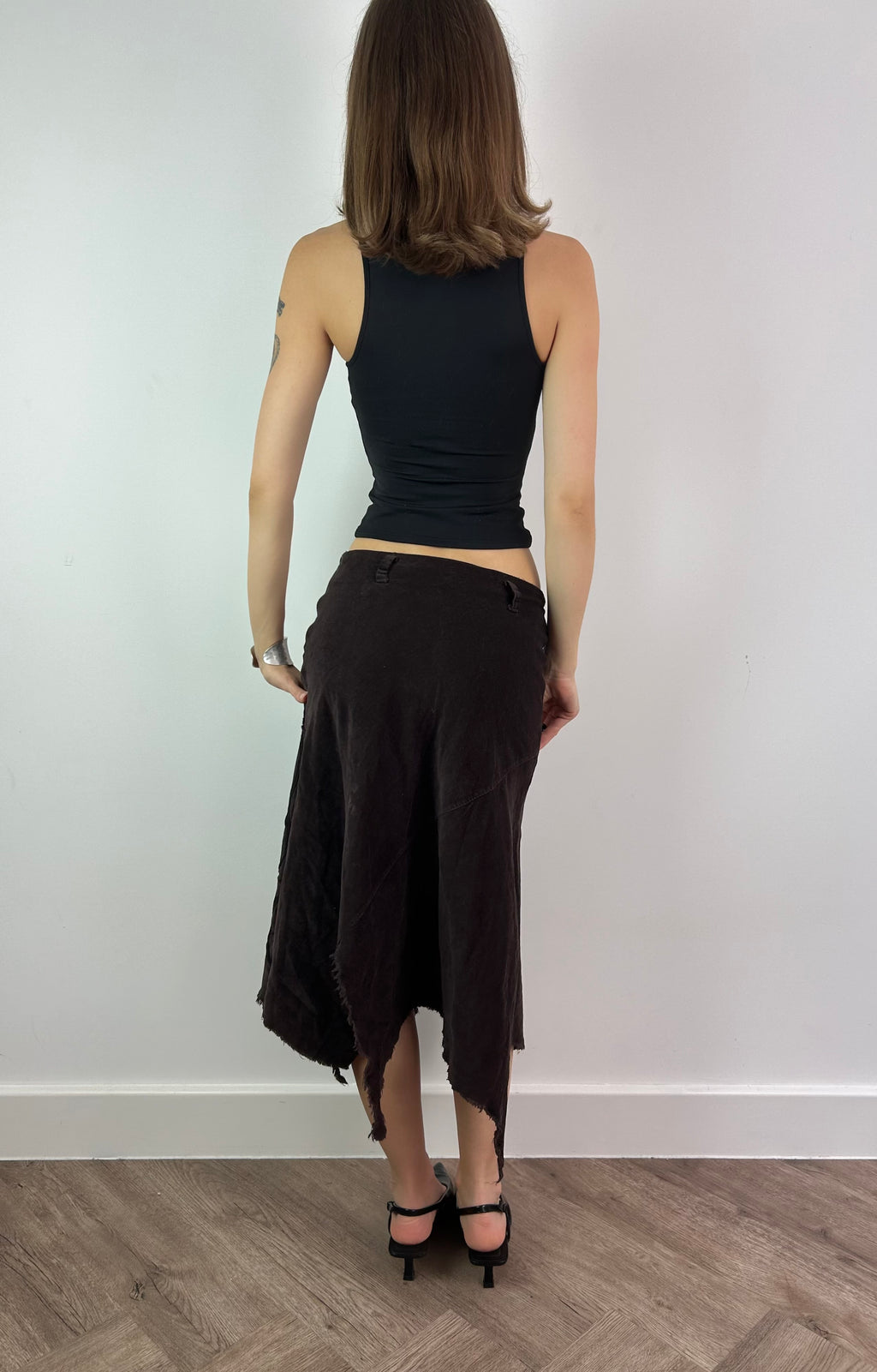 Brown Asymmetric Corduroy Midi Skirt with Floral Pattern