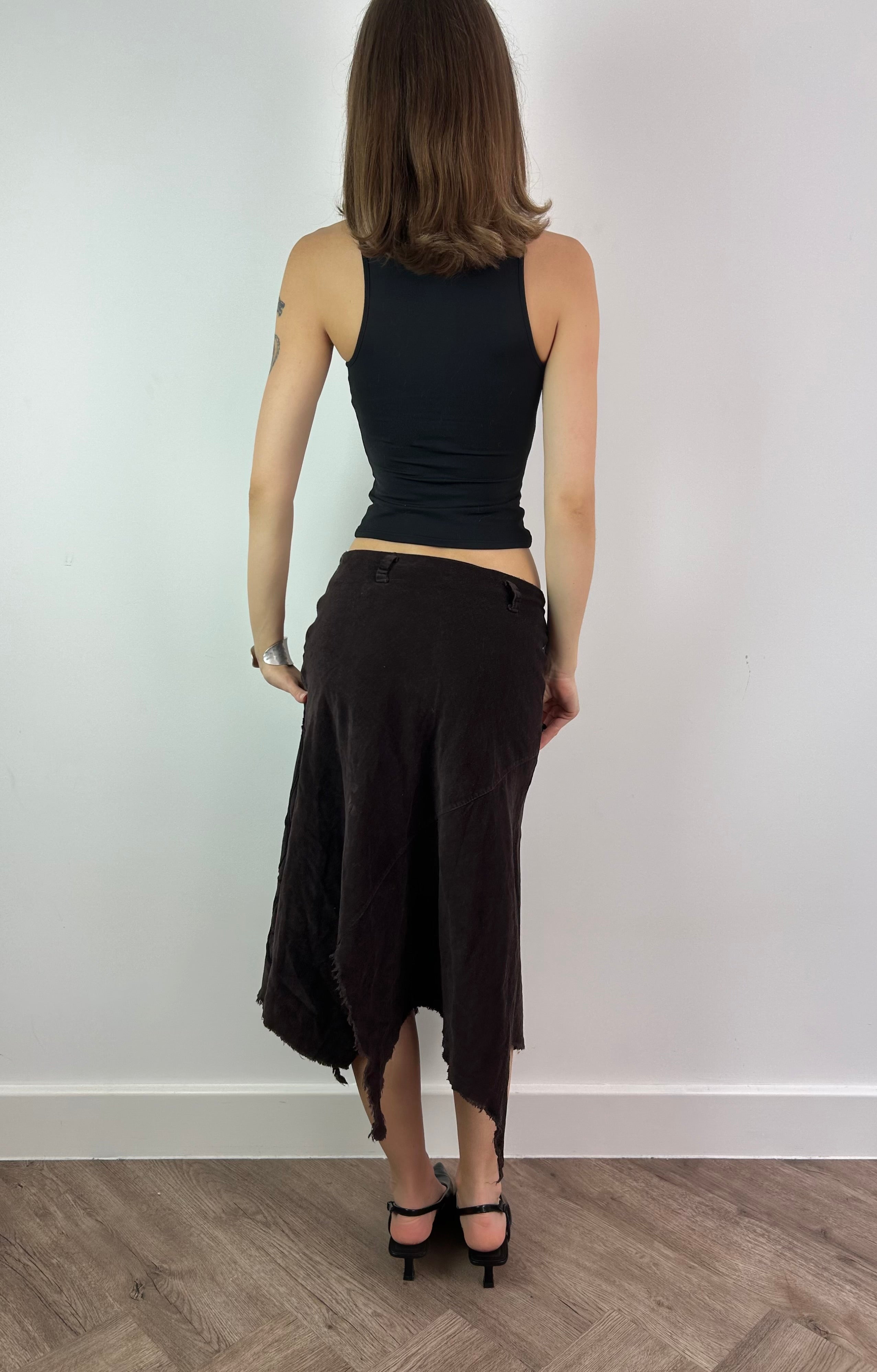 Brown Asymmetric Corduroy Midi Skirt with Floral Pattern