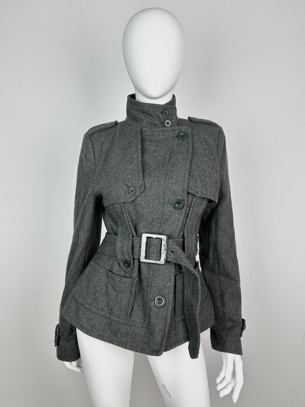Wool Blend Military Coat with Belt