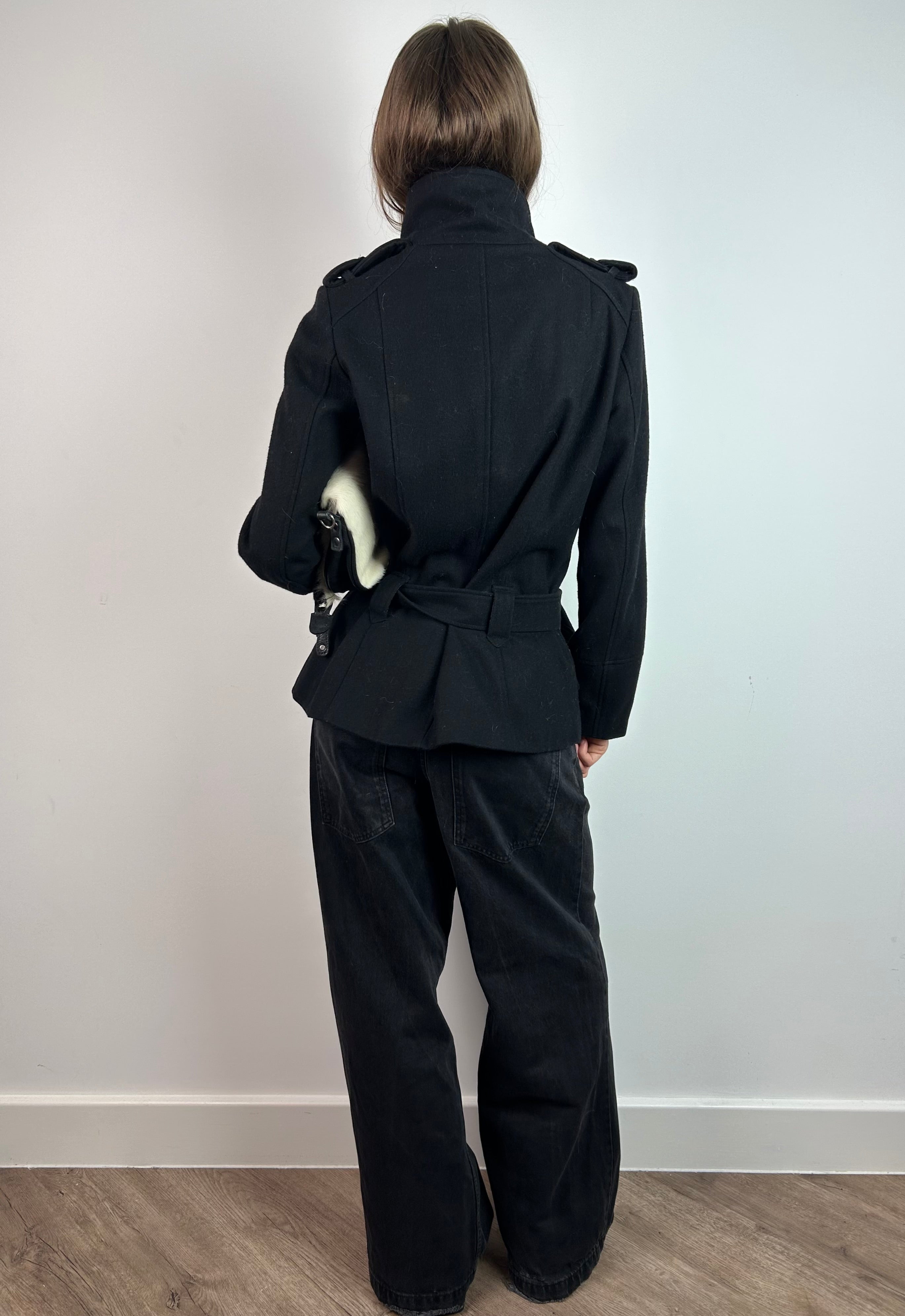Black Wool Asymmetric Military Coat