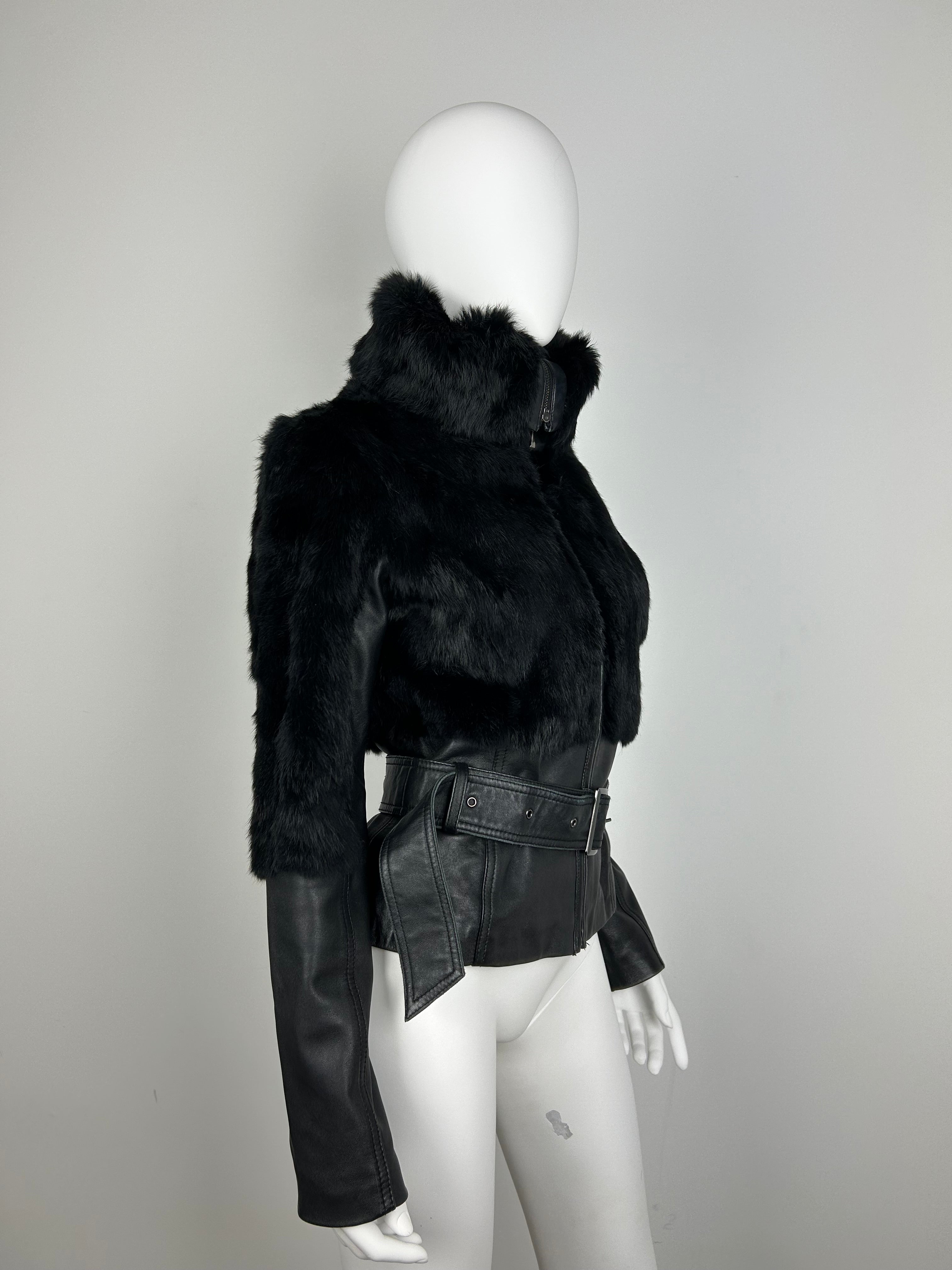 Real Leather Turtleneck Jacket with Belt and Real Fur Details