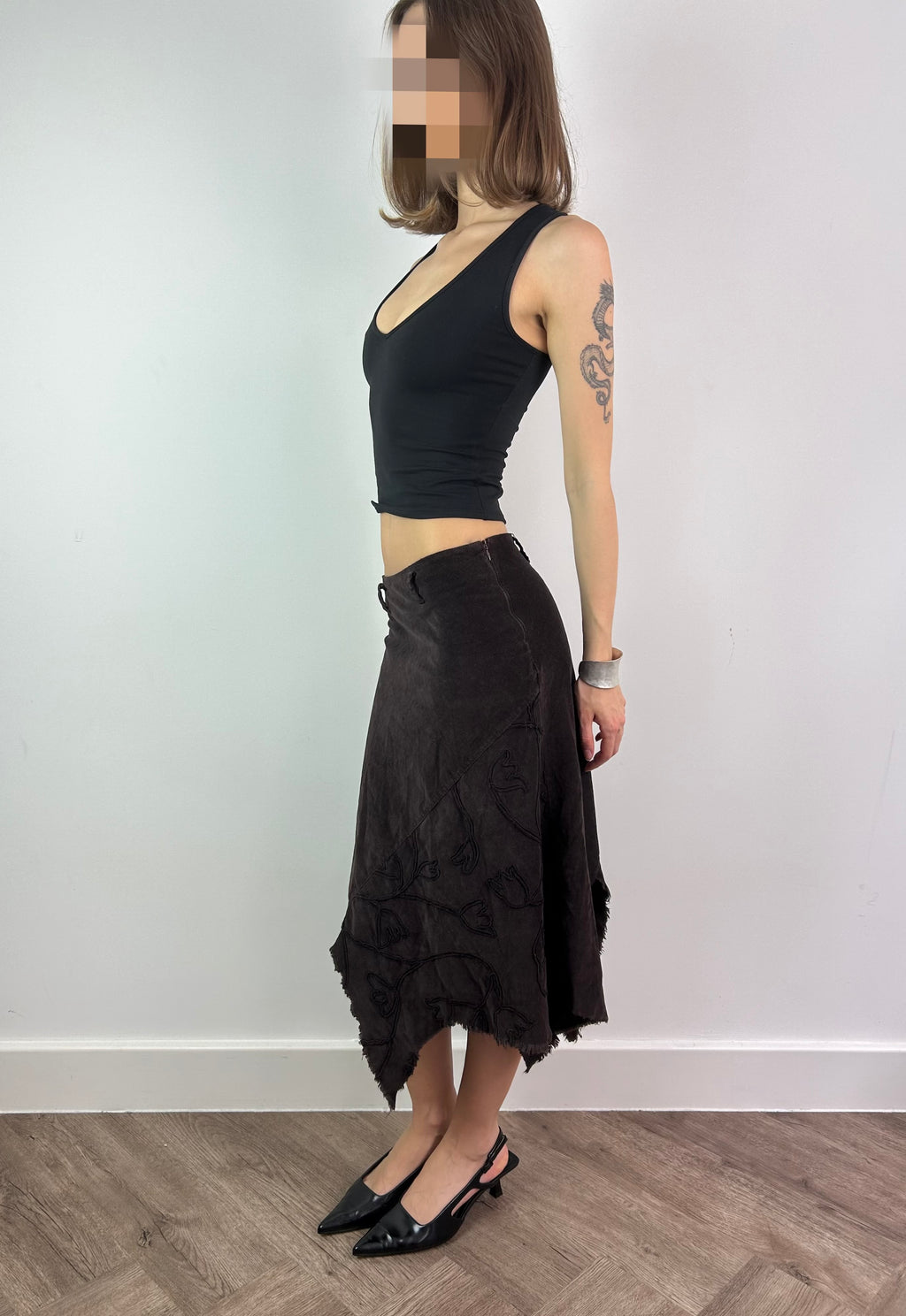 Brown Asymmetric Corduroy Midi Skirt with Floral Pattern
