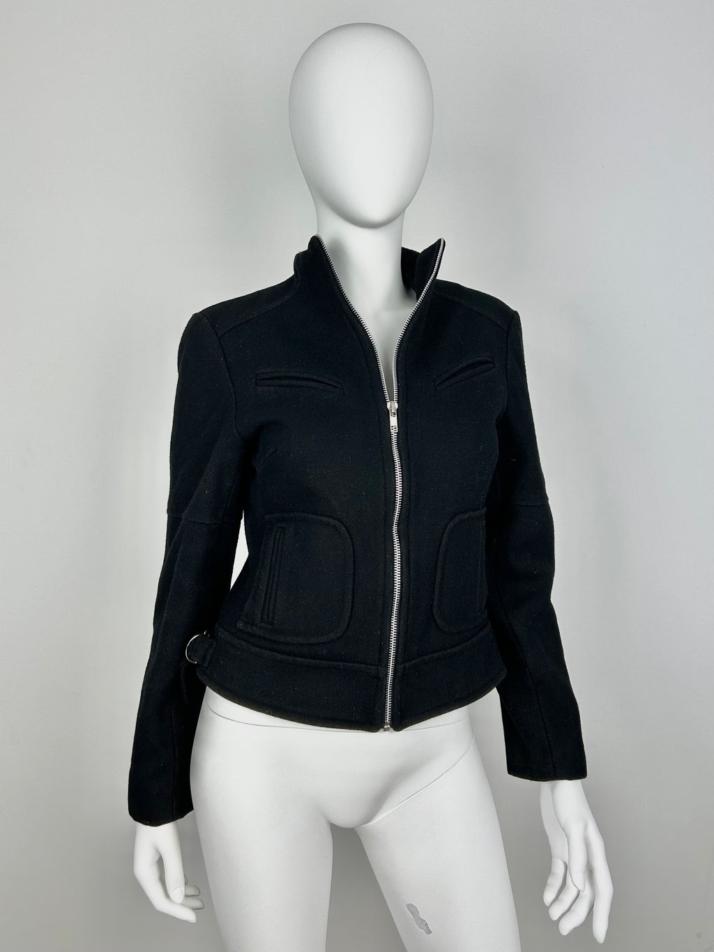 Wool Blend Biker Jacket with Straight Collar