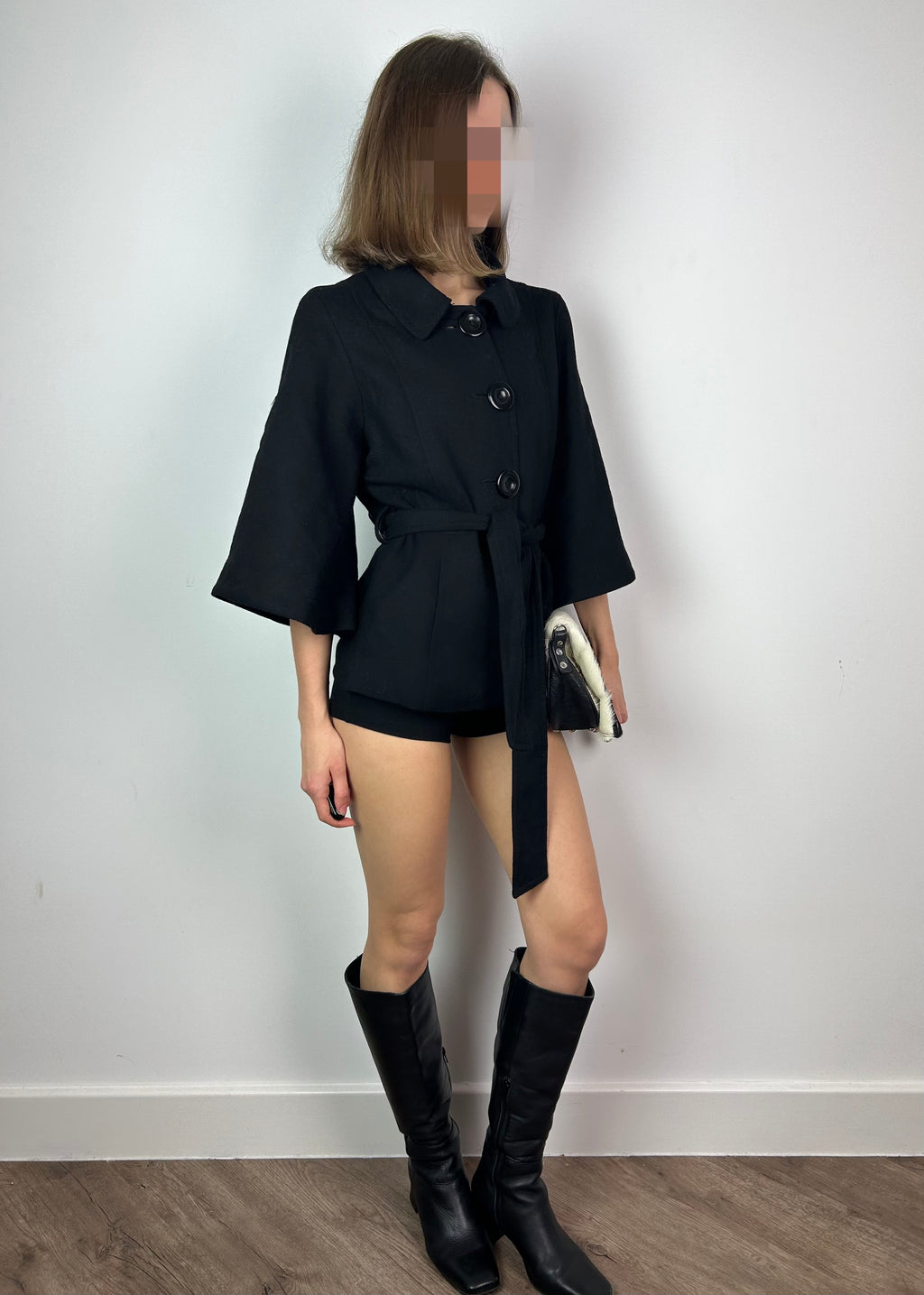 Black 3/4 Sleeve Wool Coat