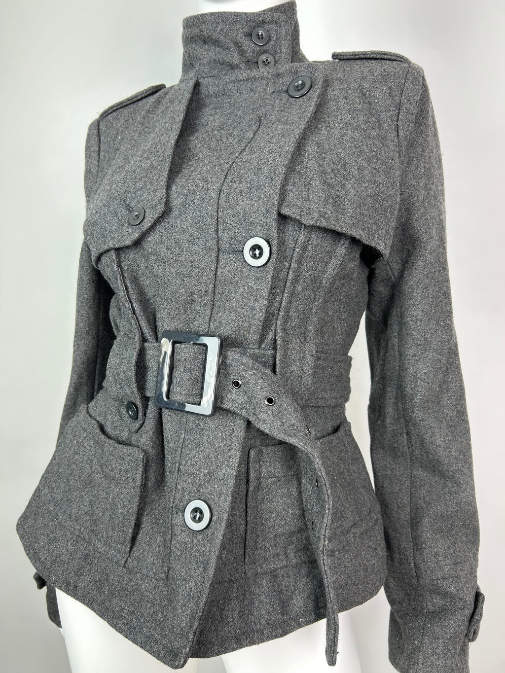 Wool Blend Military Coat with Belt