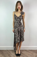 Animal Print Sparkly Asymmetrical Midi Dress with Brooch