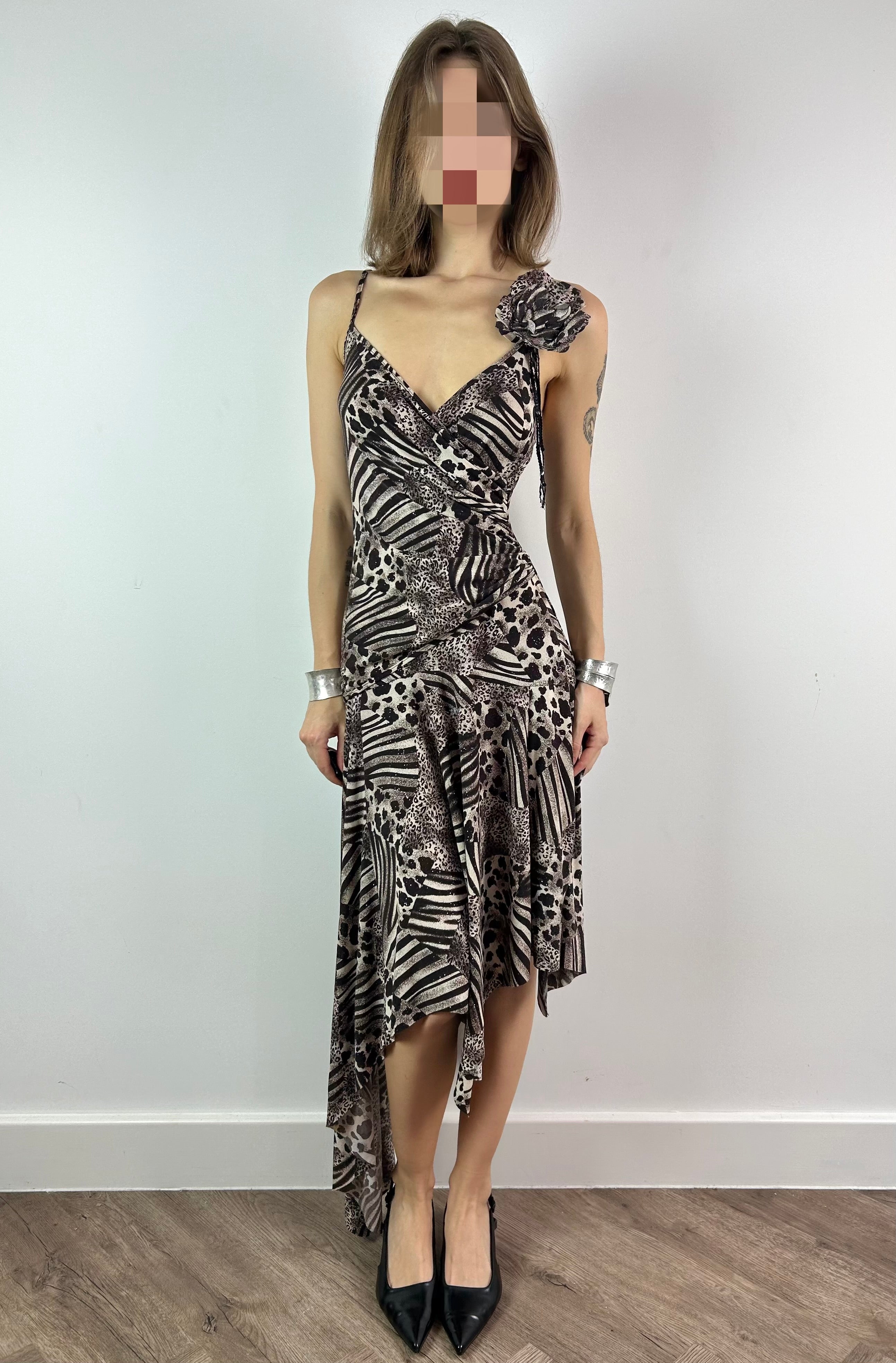 Animal Print Sparkly Asymmetrical Midi Dress with Brooch