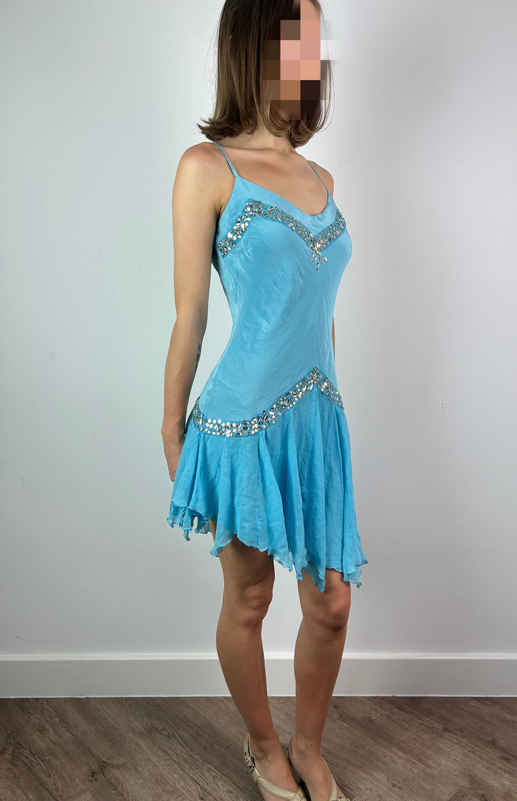 Blue 100% Silk Asymmetric Midi Dress
