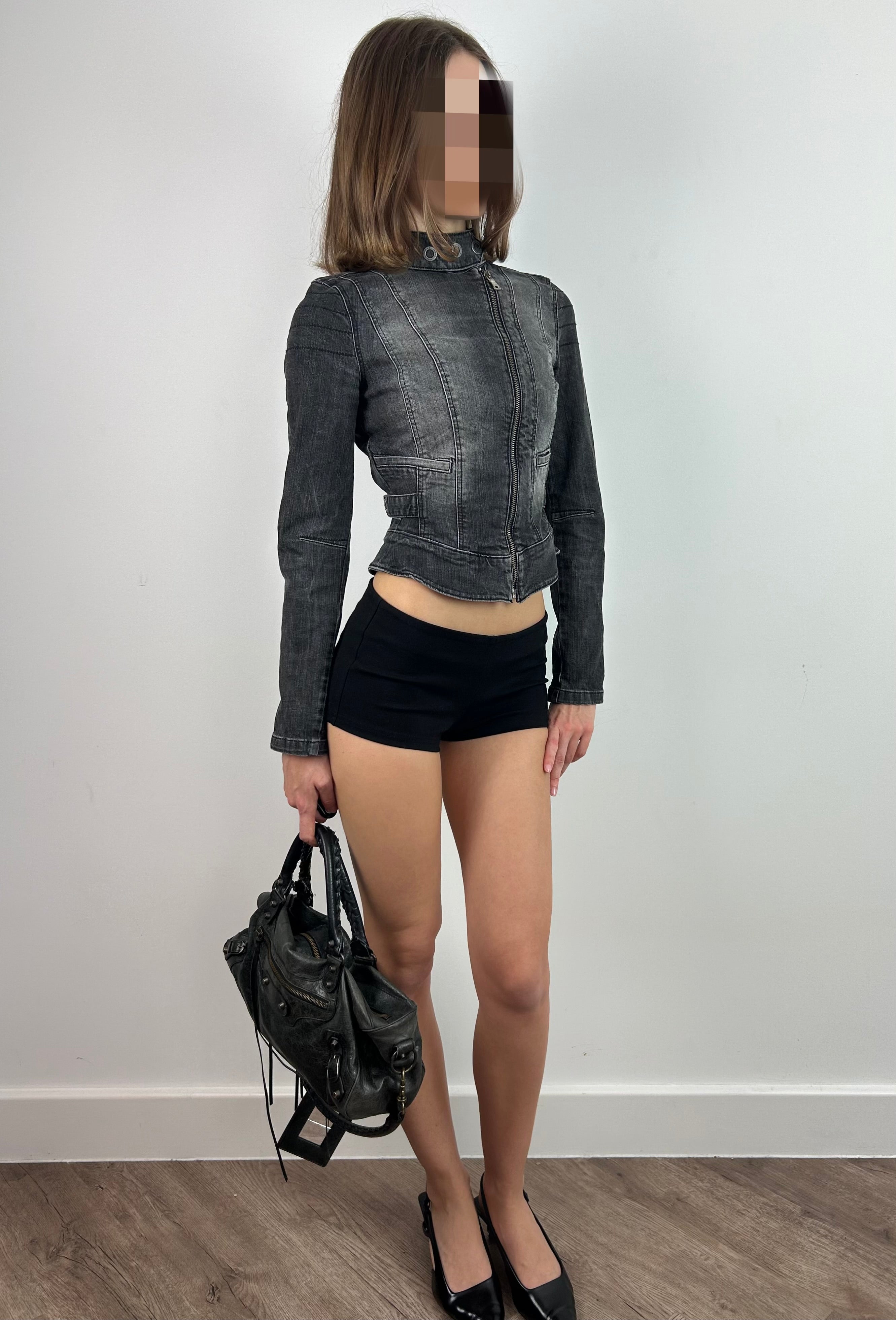 Grey Fitted Moto Denim Jacket