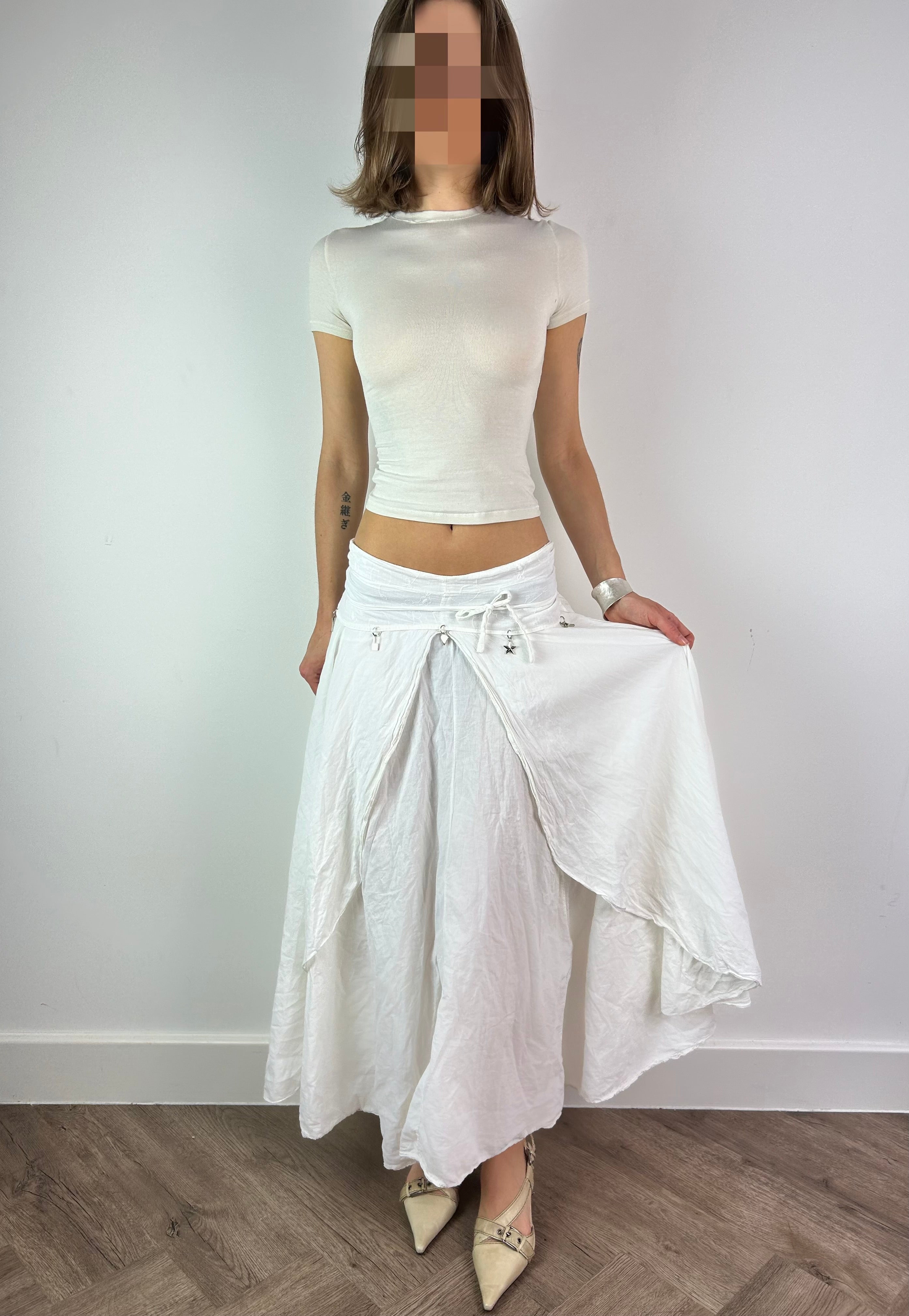 White Maxi Layered Skirt with Metal Charms