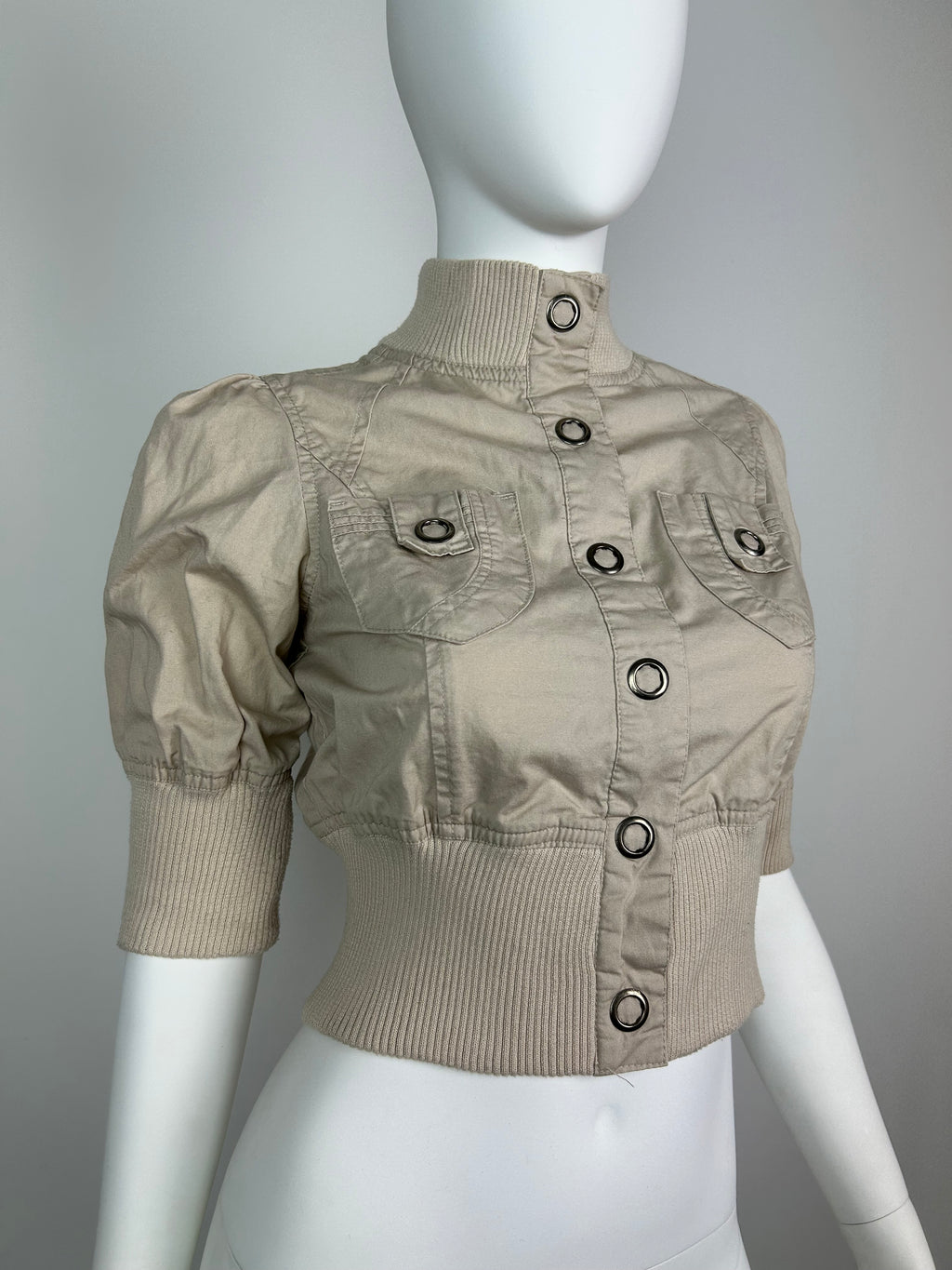 Cropped Straight Collar Jacket with 3/4 Sleeve and Metal Details