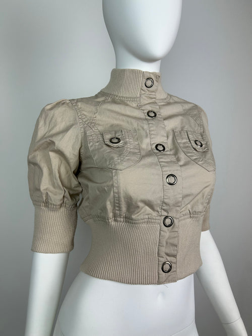 Cropped Straight Collar Jacket with 3/4 Sleeve and Metal Details