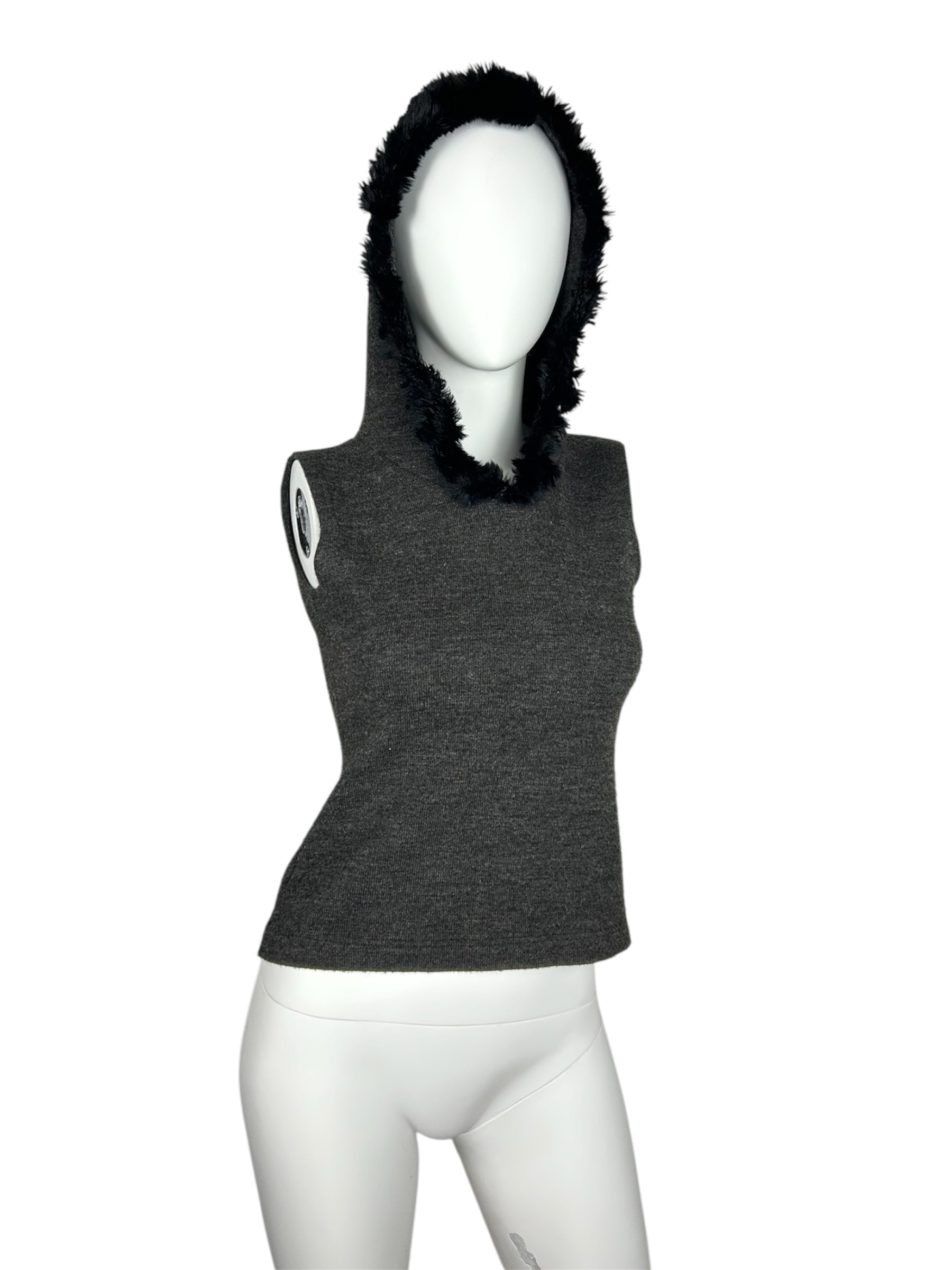 Hooded Vest Sweater with Fur Detailing