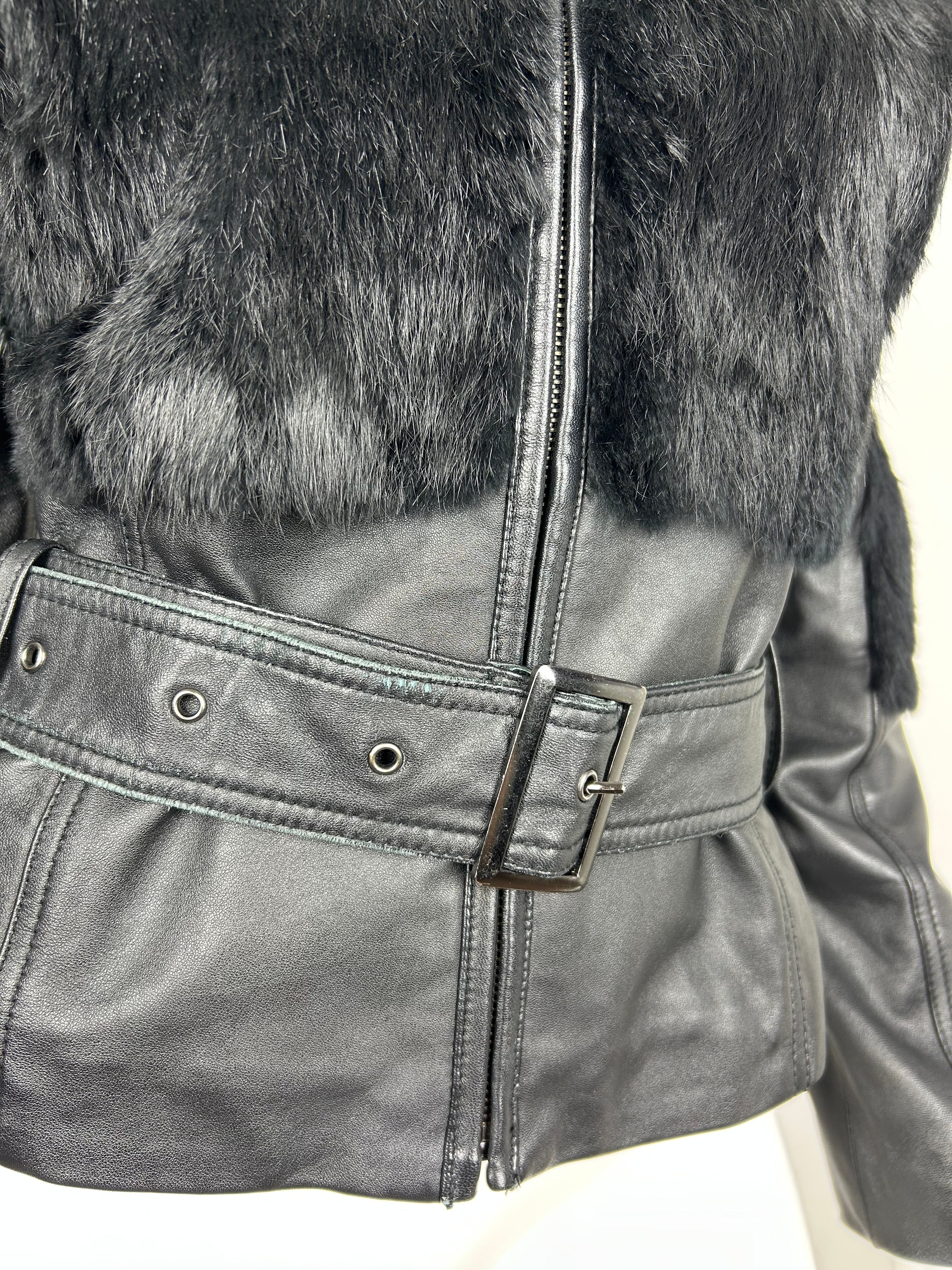 Real Leather Turtleneck Jacket with Belt and Real Fur Details