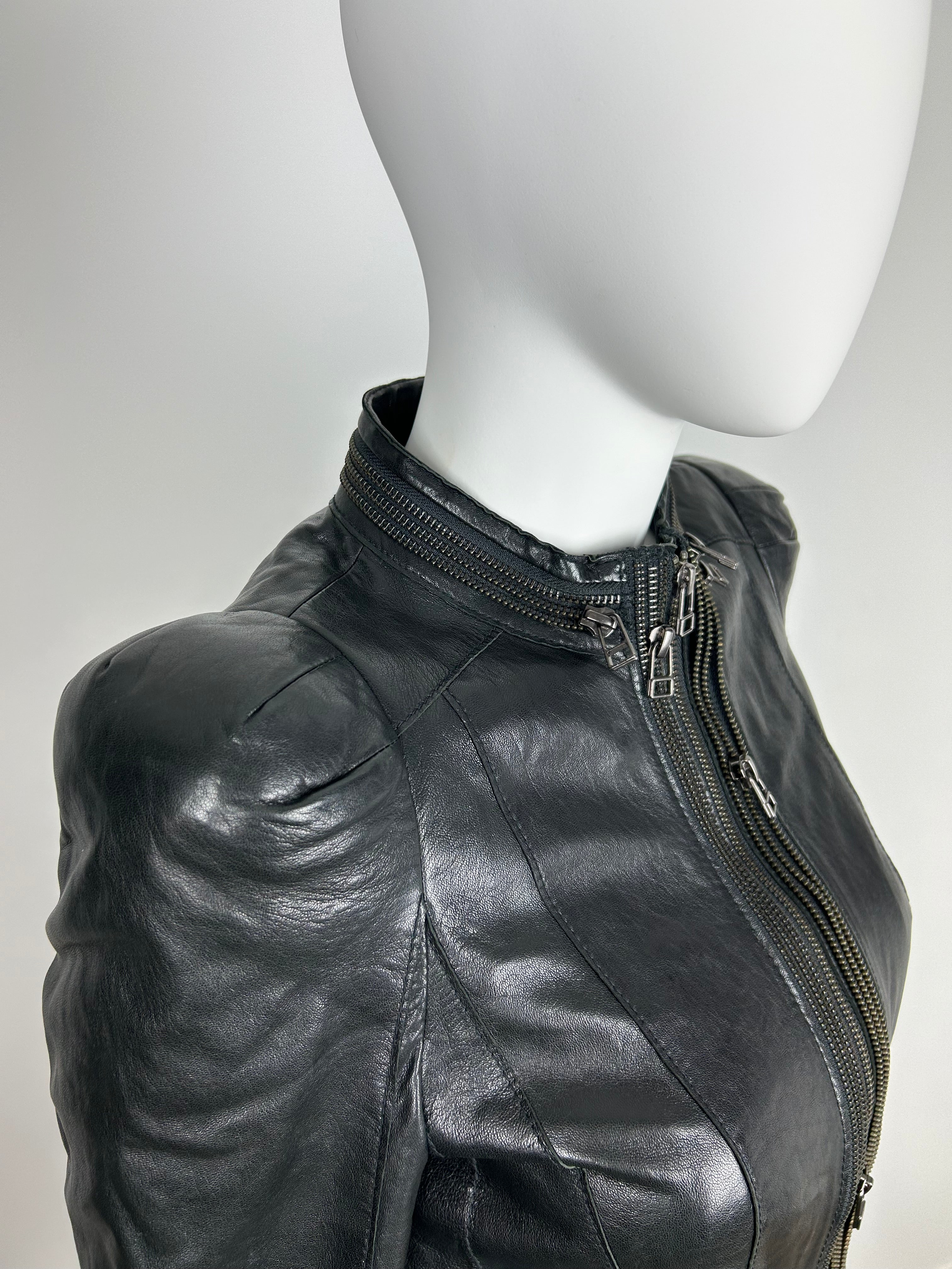 Real Leather Fitted Jacket with Decorative Zippers