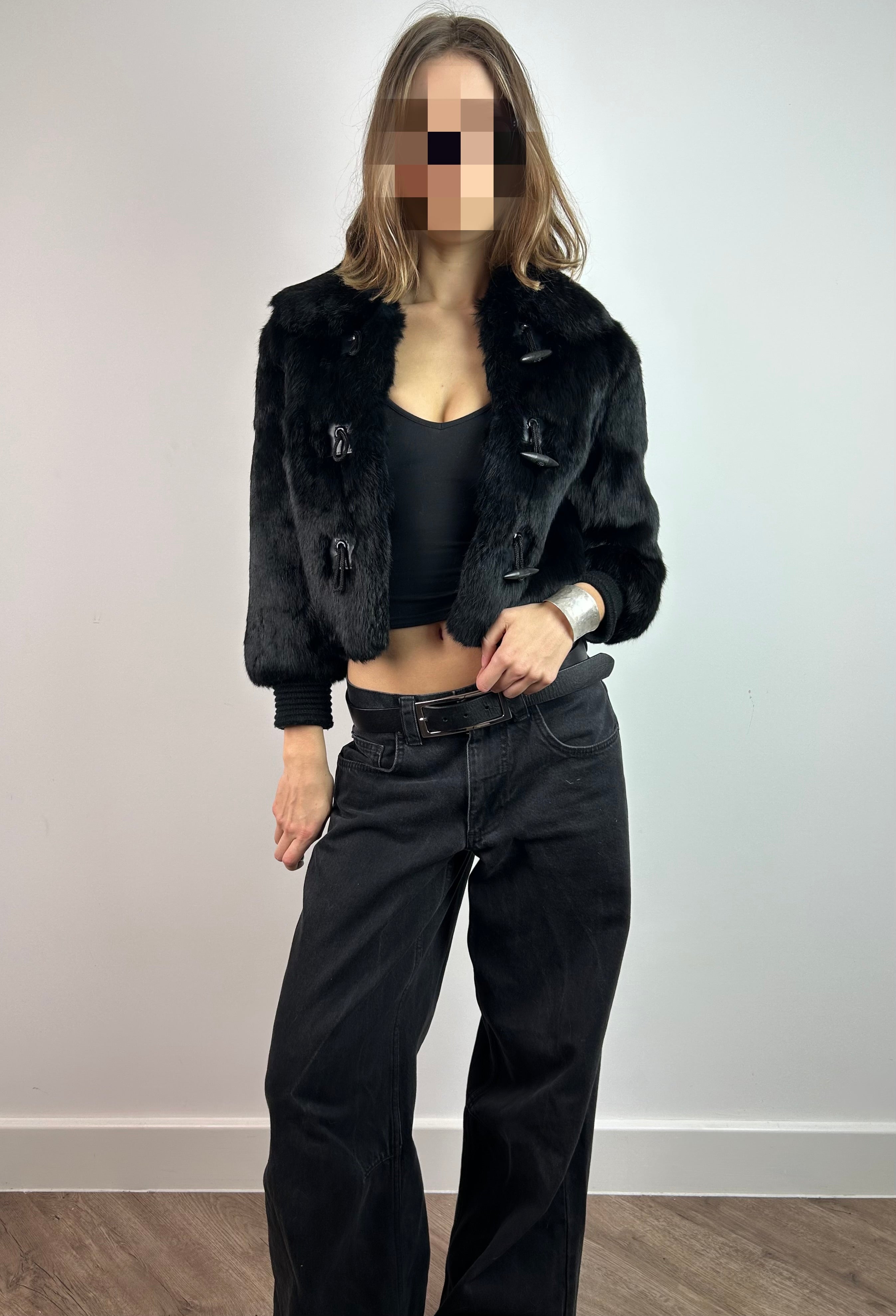 Black Real Fur Cropped Jacket with 3/4 Sleeves