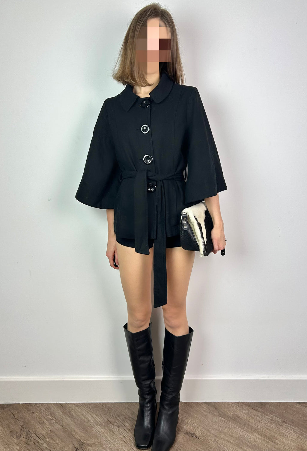 Black 3/4 Sleeve Wool Coat