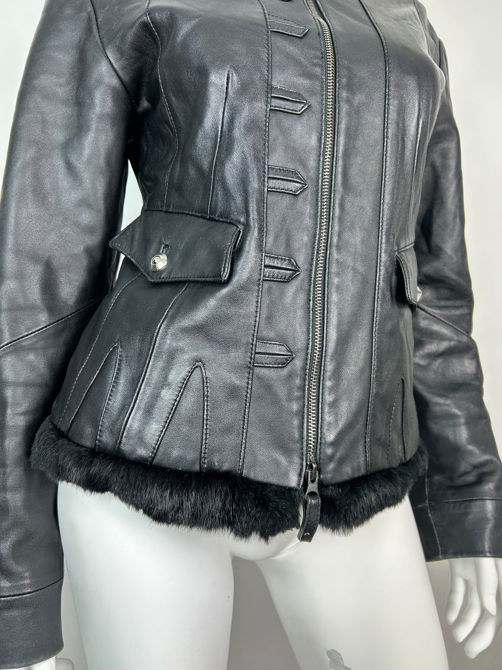 Black Real Leather Biker Jacket with Real Fur Details