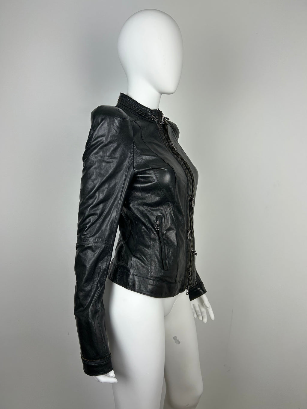 Real Leather Fitted Jacket with Decorative Zippers