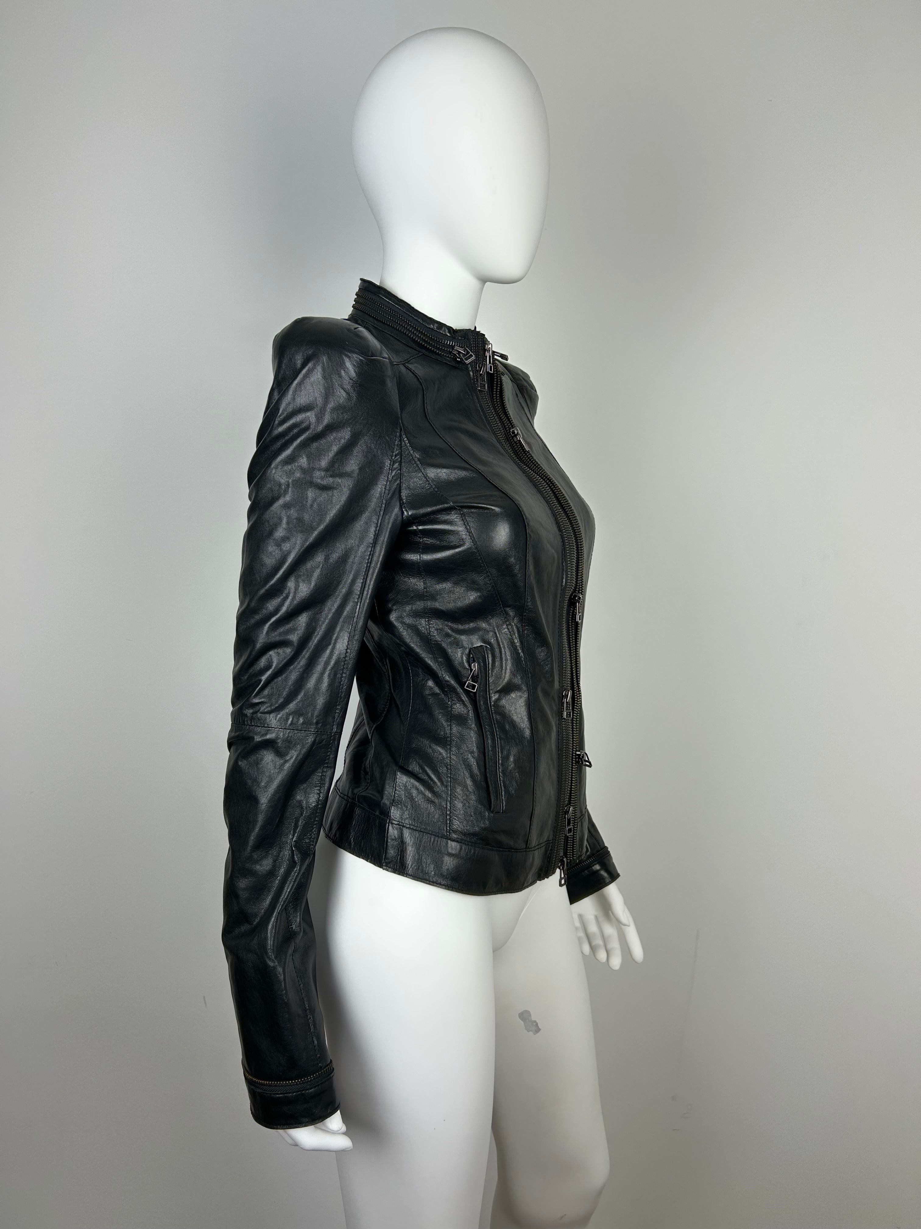 Real Leather Fitted Jacket with Decorative Zippers