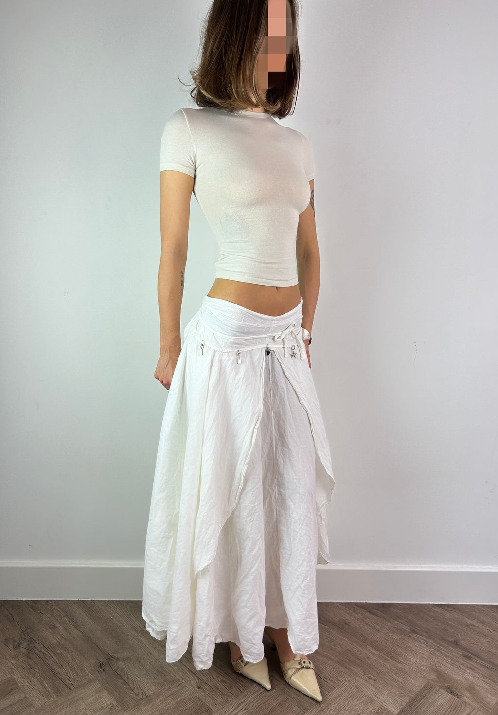 White Maxi Layered Skirt with Metal Charms