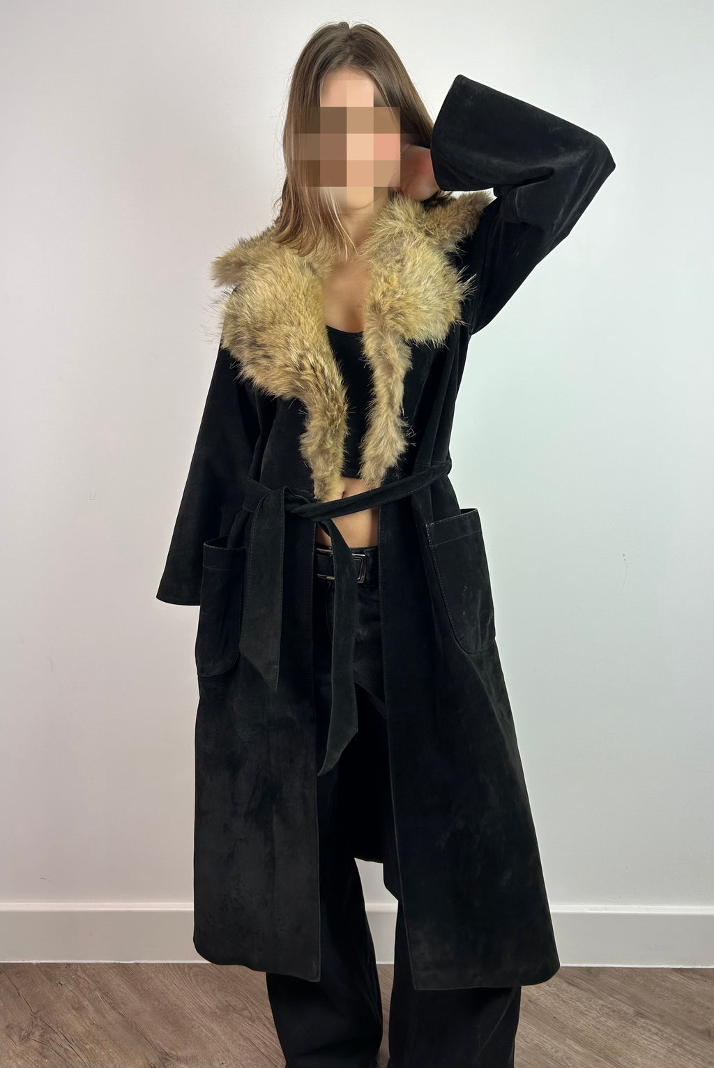 Black Real Leather Suede Maxi Coat