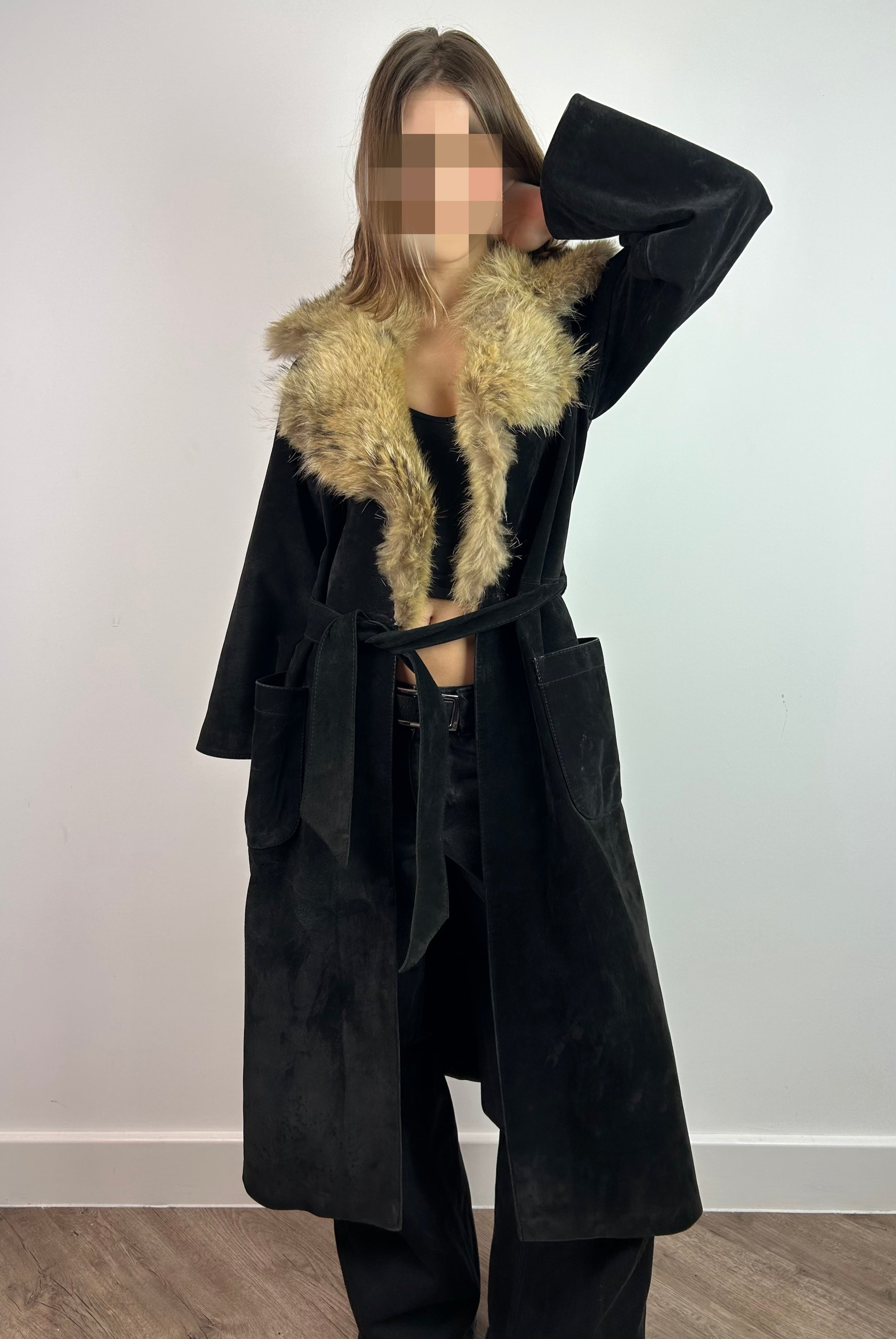Black Real Leather Suede Maxi Coat