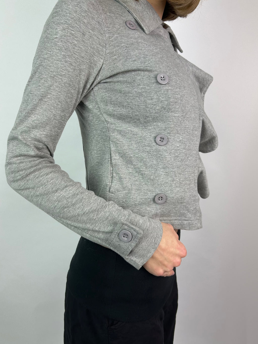 Grey Double Breasted Jacket with Asymmetrical Ruffles