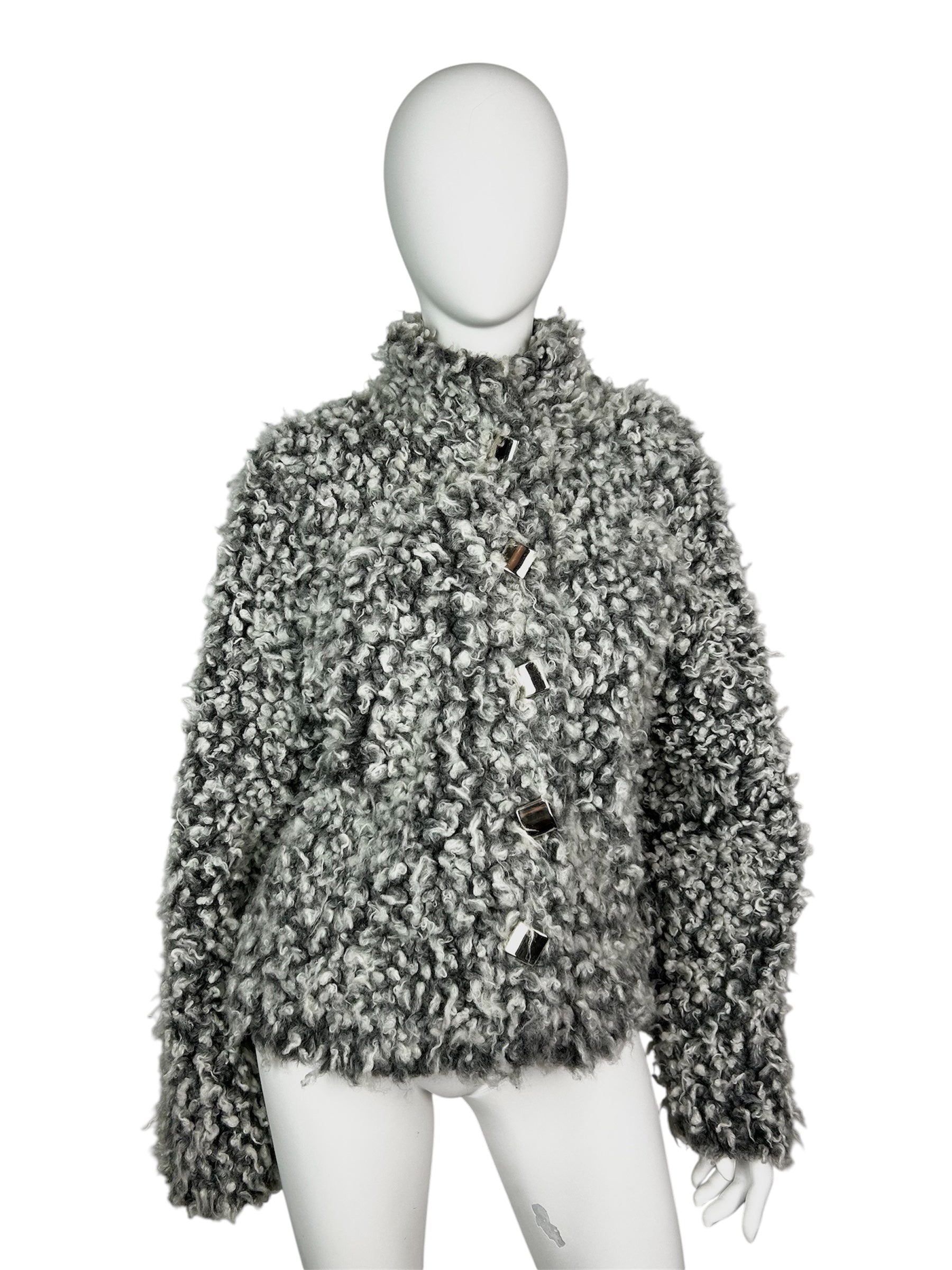Faux Sheepskin Curled Fur Oversized Jacket with Big Metal Buttons