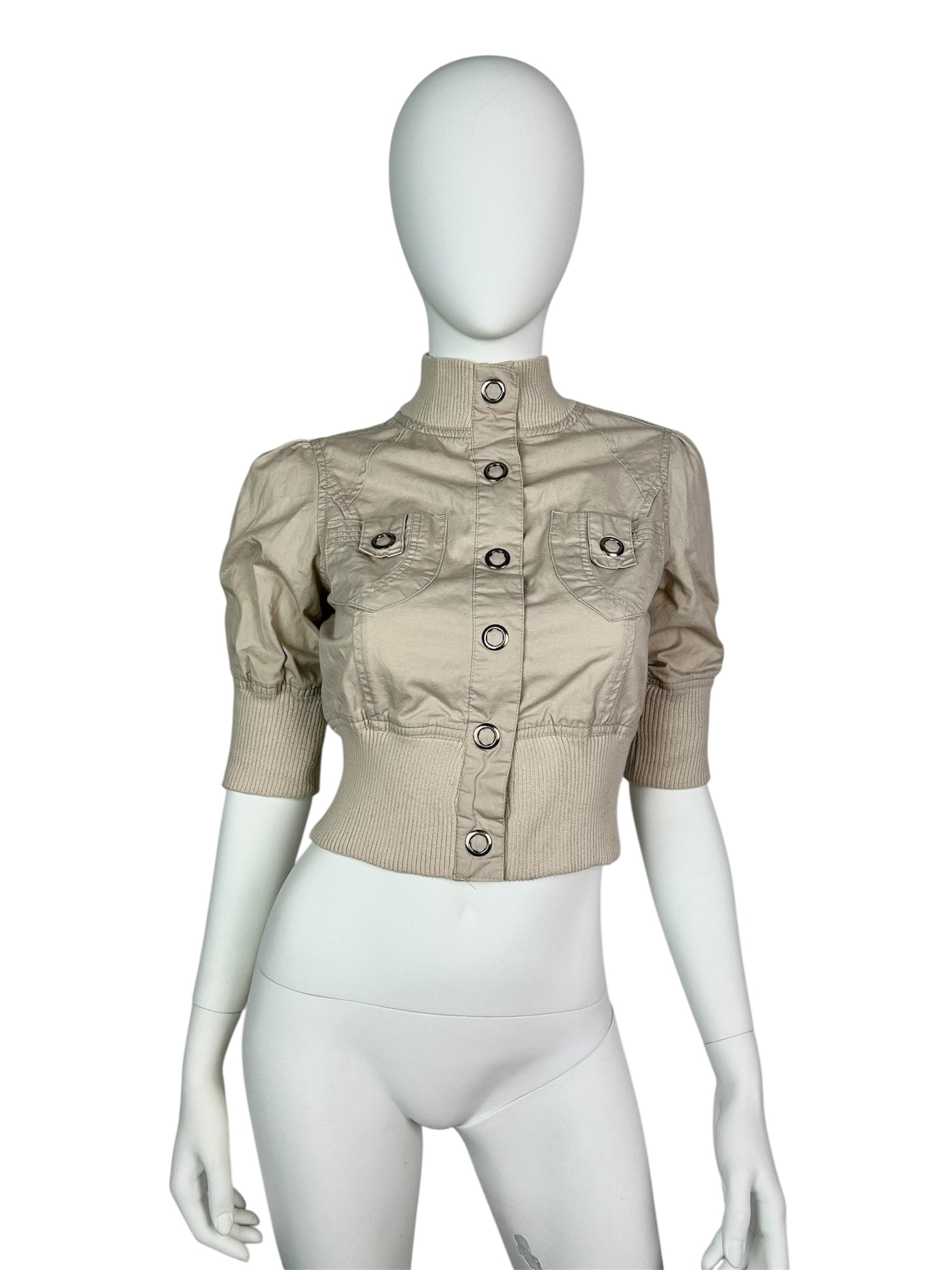 Cropped Straight Collar Jacket with 3/4 Sleeve and Metal Details